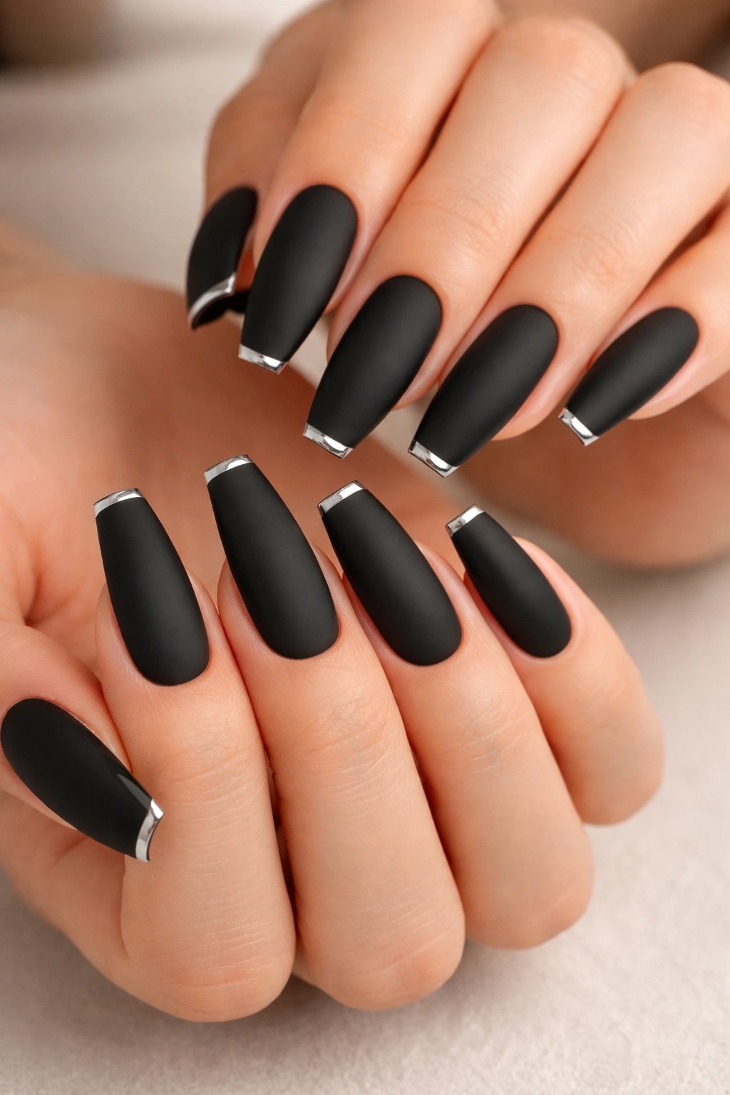 Matte black coffin nails with silver micro-French tips on ten fingers