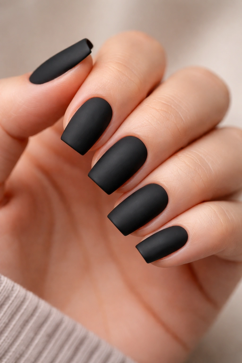 Close-up of short matte black coffin nails on a neutral background