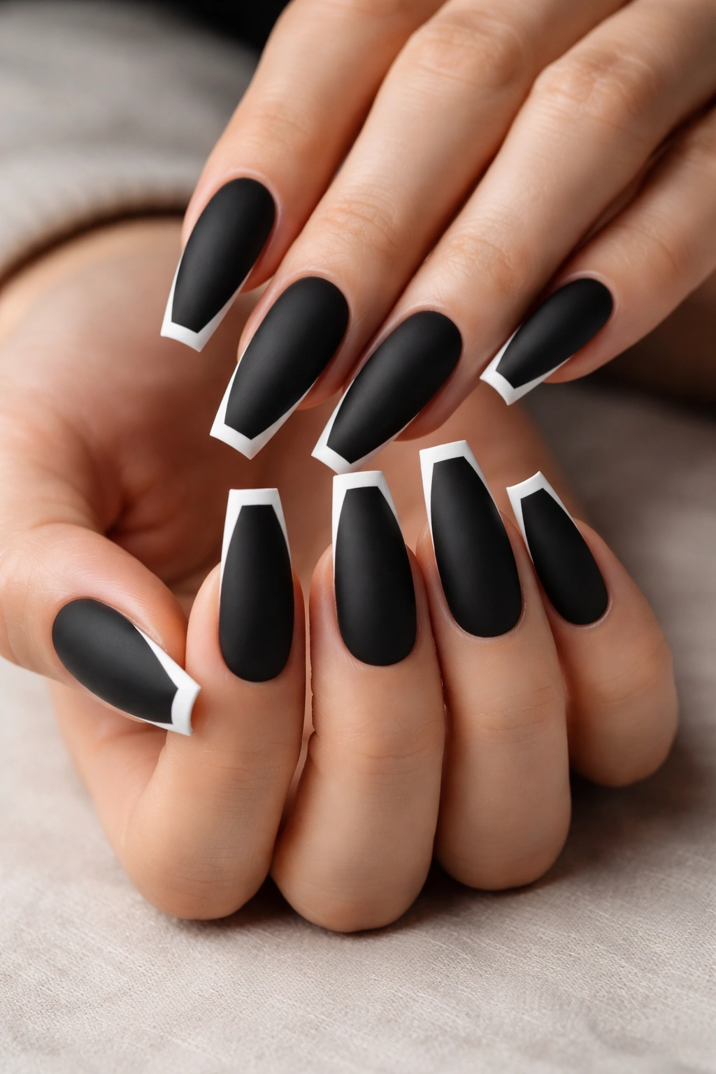Close-up of coffin nails with matte black base and razor-thin white French tips.