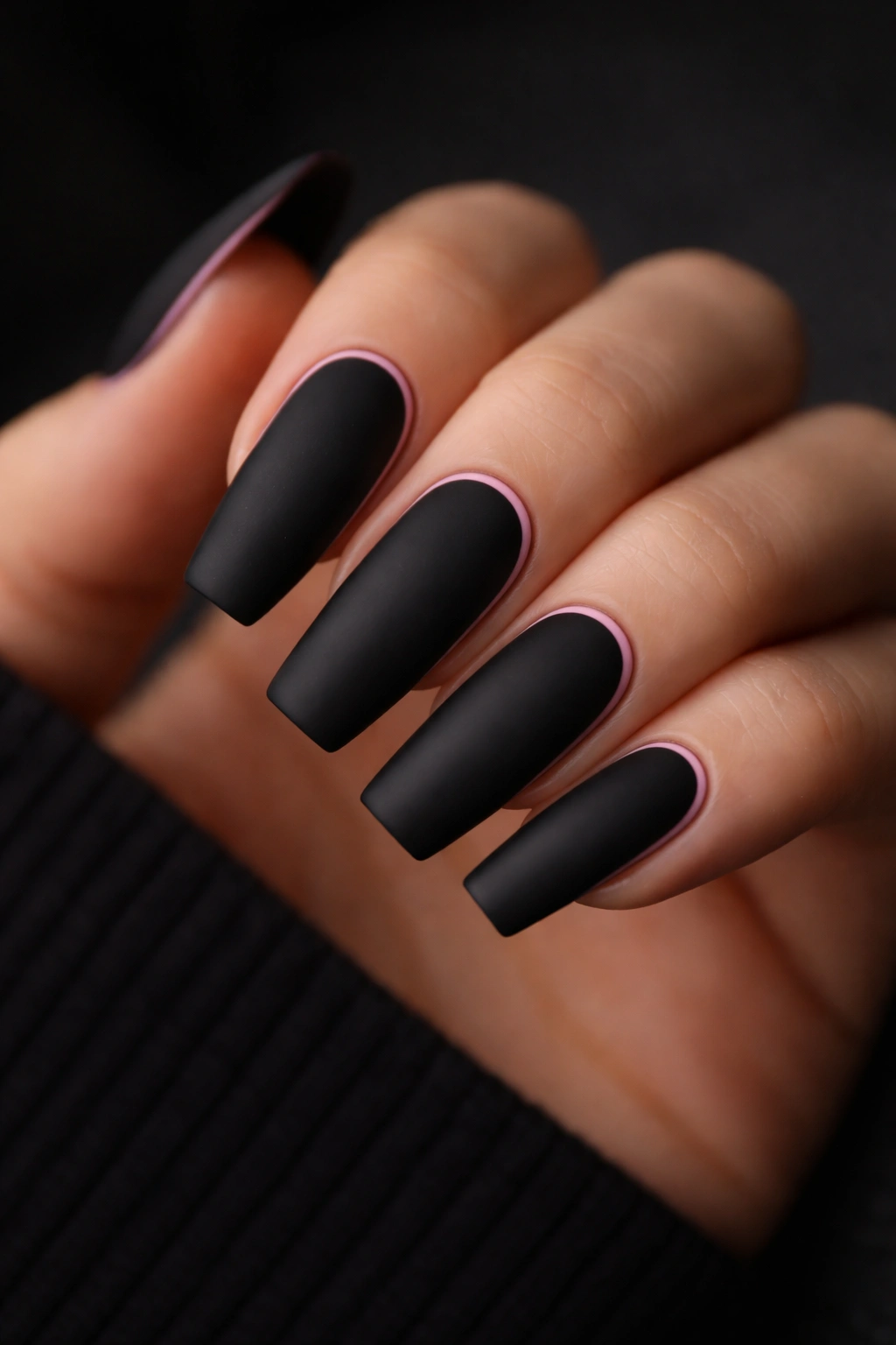 Matte black coffin nails with thin pink cuticle frames