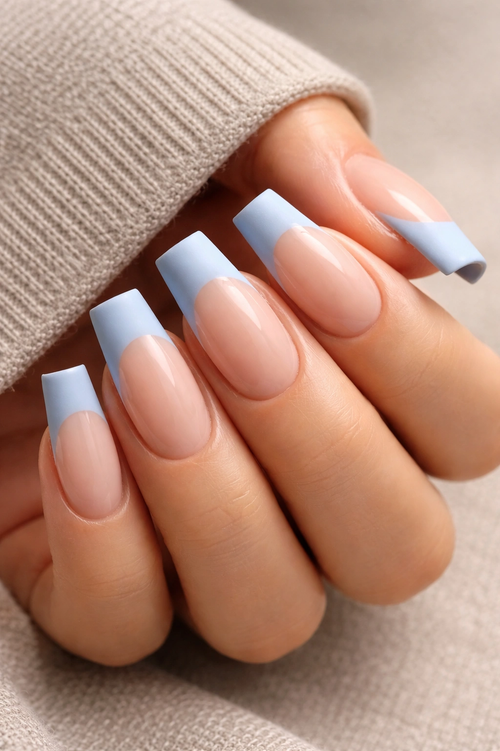 Close-up of coffin nails with matte blue tips on a glossy nude base showing distinct texture contrast