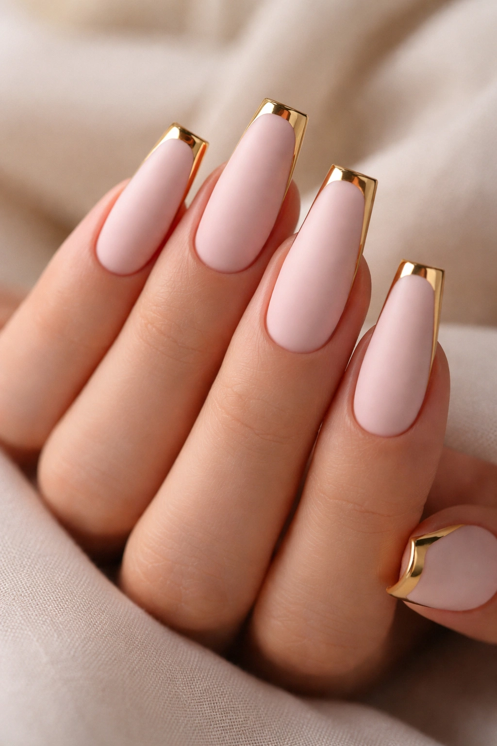 Matte blush coffin nails with glossy gold French edges