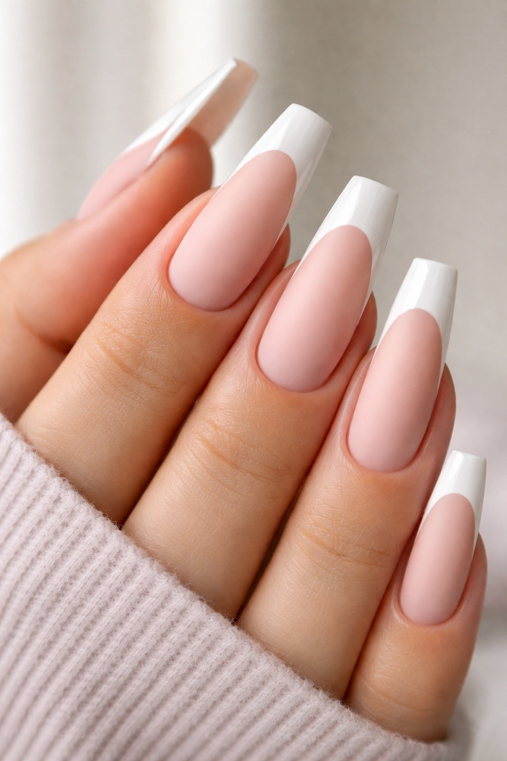 Close-up of long coffin nails with matte blush base and glossy French tips