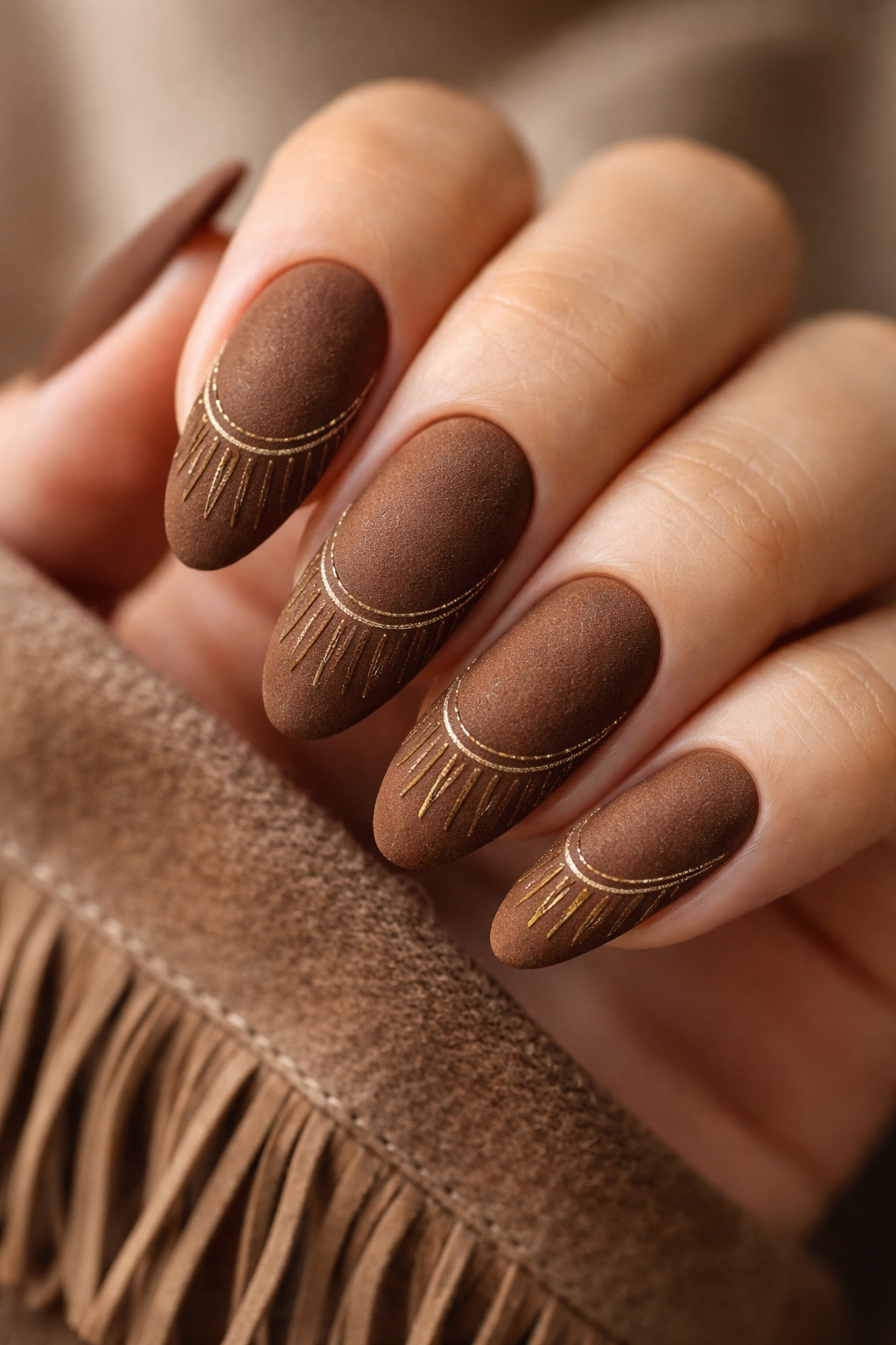 Almond nails in matte brown with fringe lines