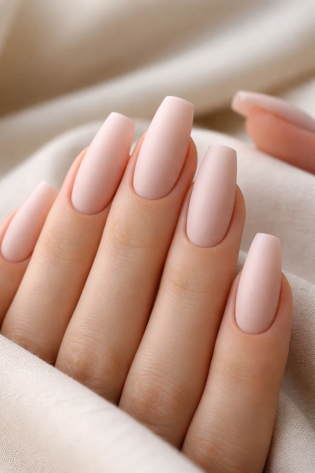 Close-up of matte bubble bath coffin nails with a cashmere finish in soft pink-beige