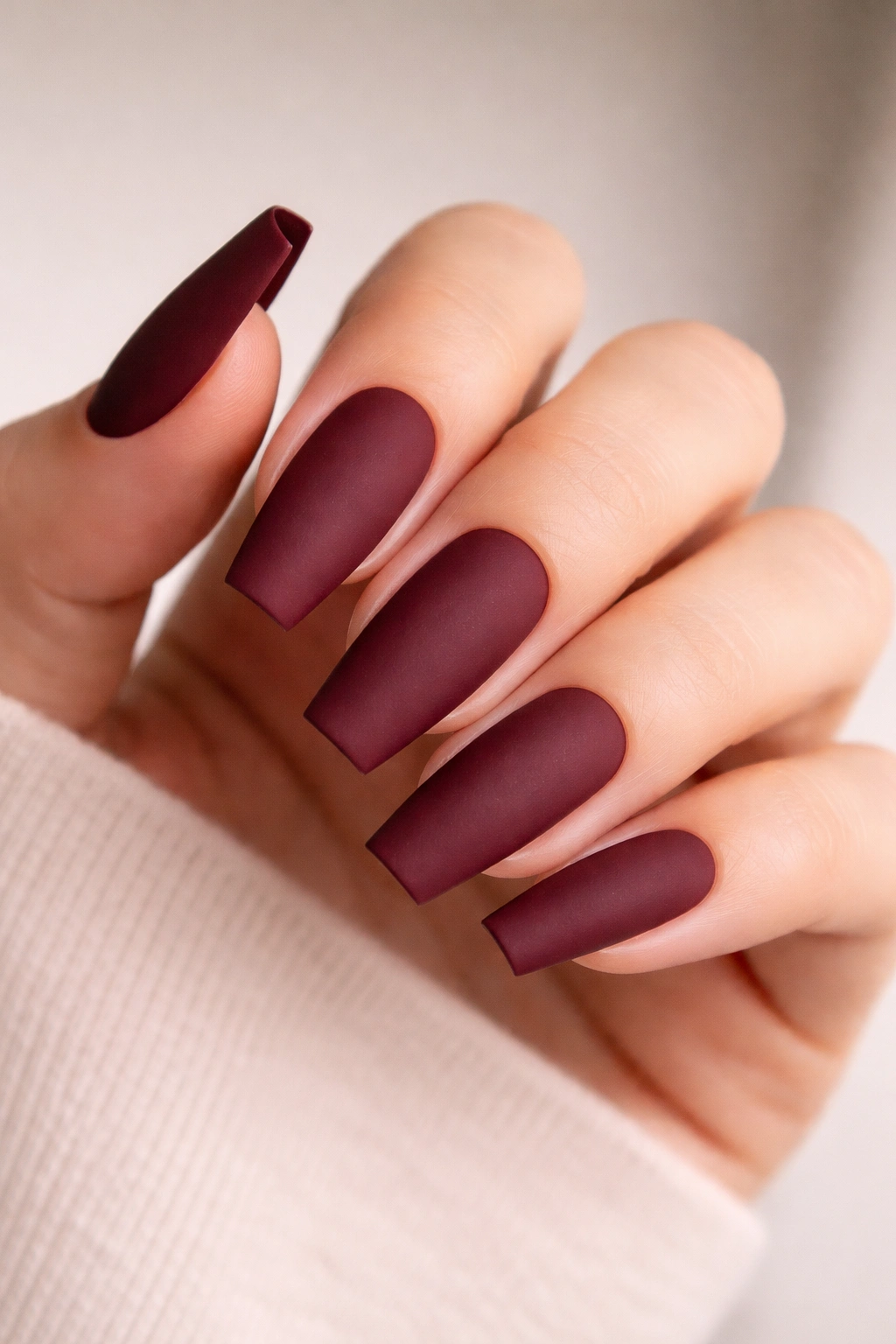 Medium coffin nails matte burgundy with crisp sidewalls