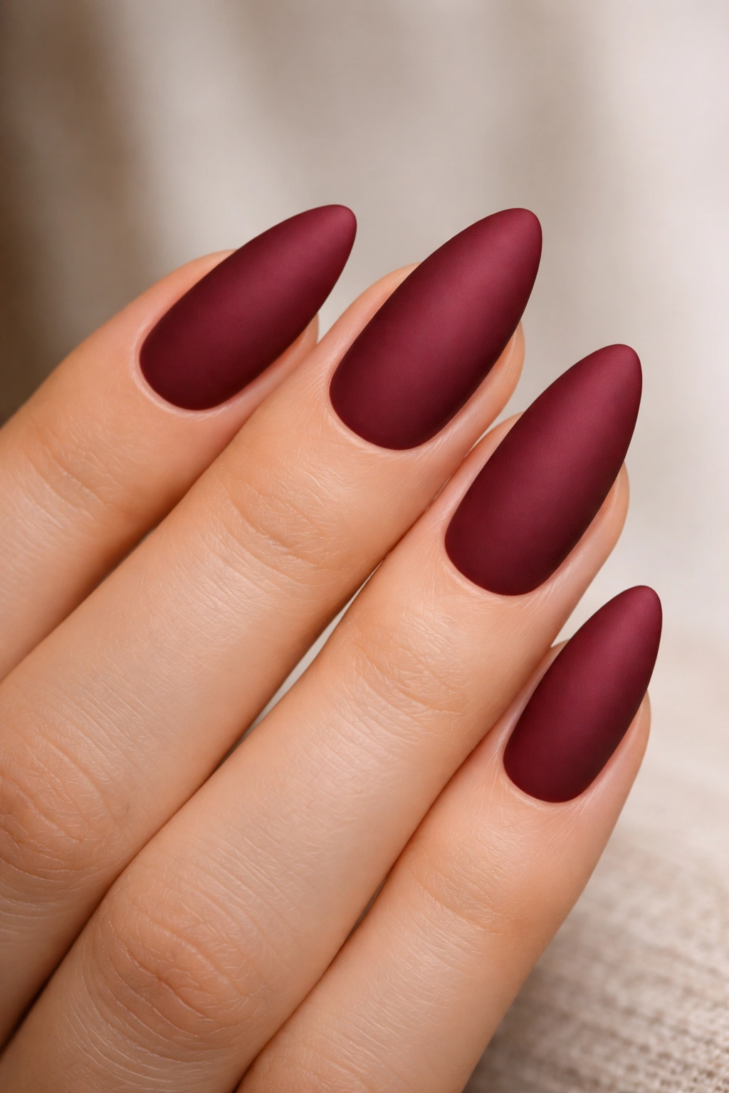 Close-up matte burgundy almond nails with velvety finish