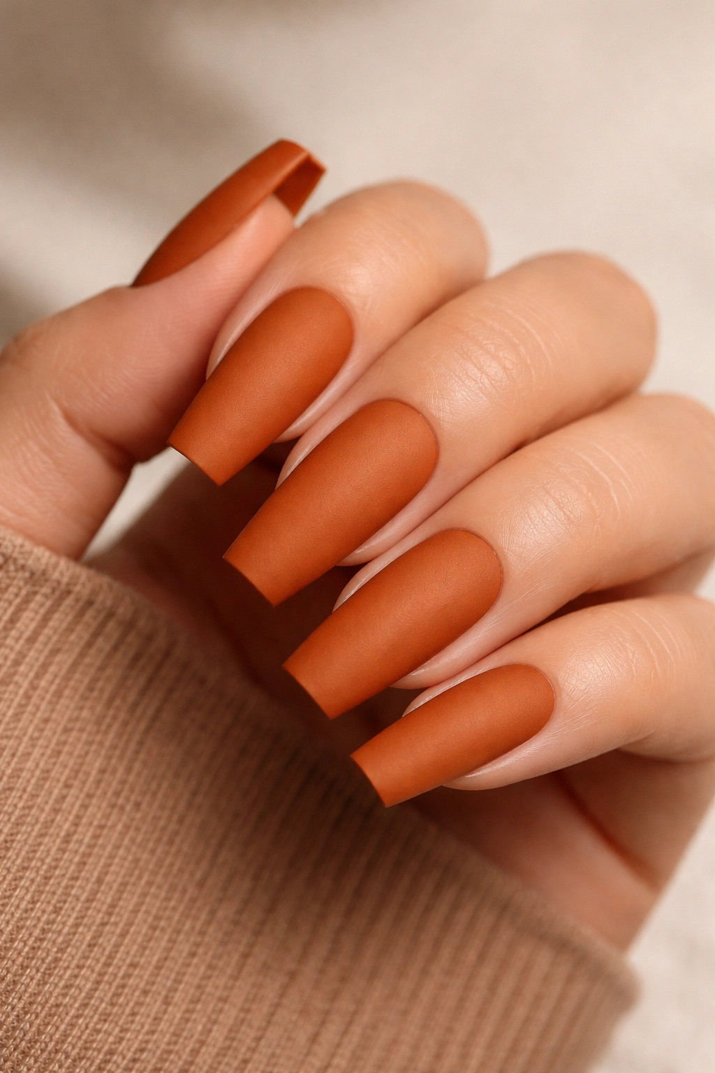 Close-up of matte burnt orange coffin nails showing a flat, velvety finish