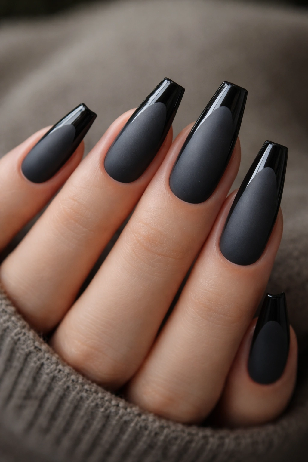 Charcoal matte coffin nails with glossy French tips