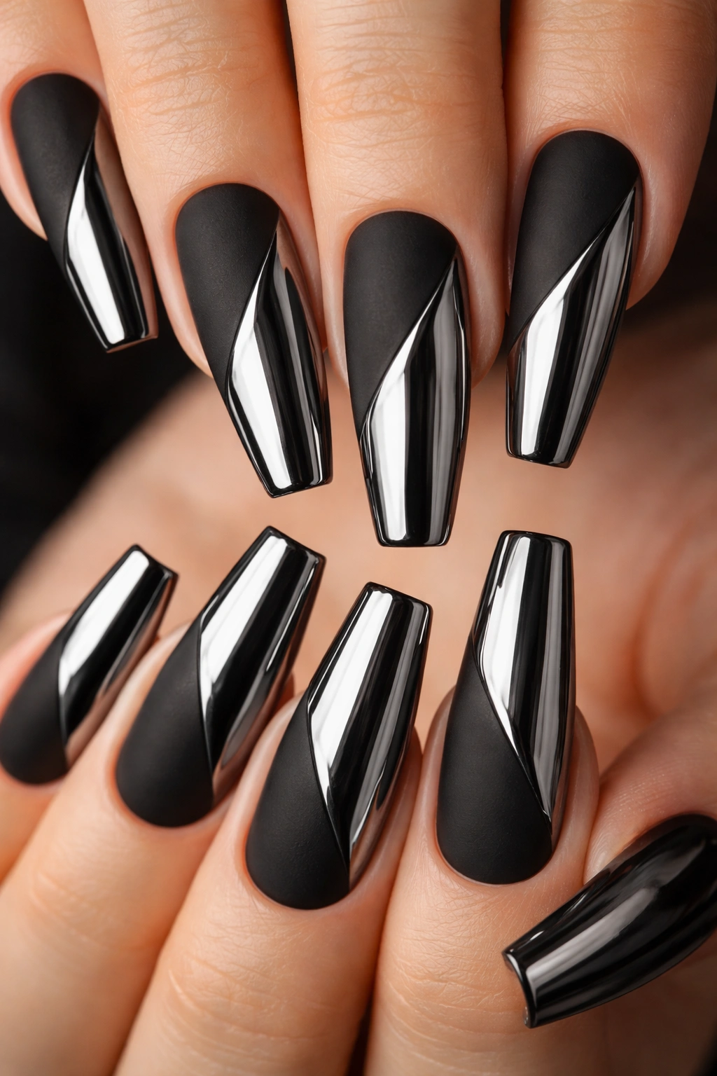 Diagonal matte and chrome split coffin nails with contrasting textures