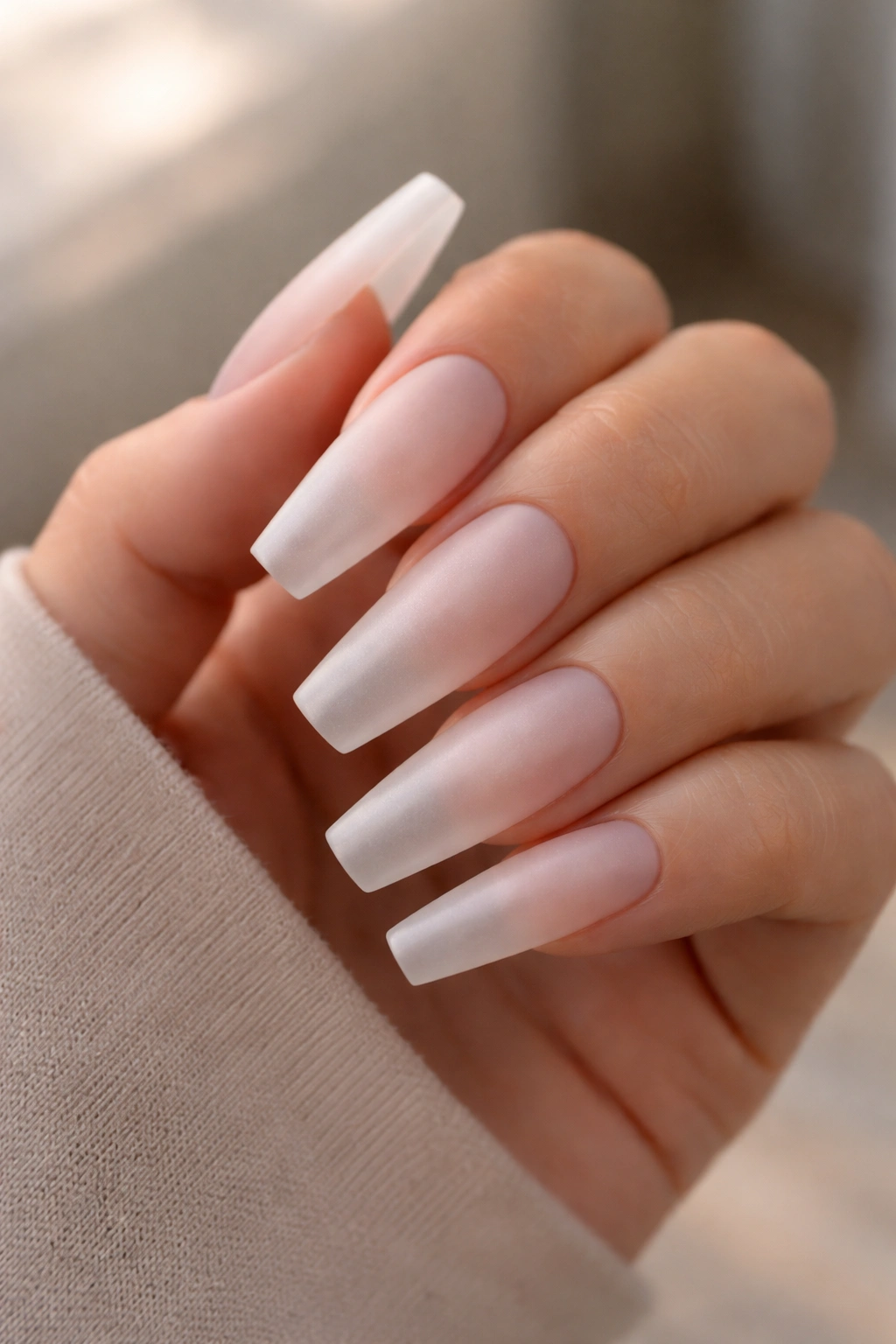 Matte frosted clear coffin nails showing soft, blurred translucency.