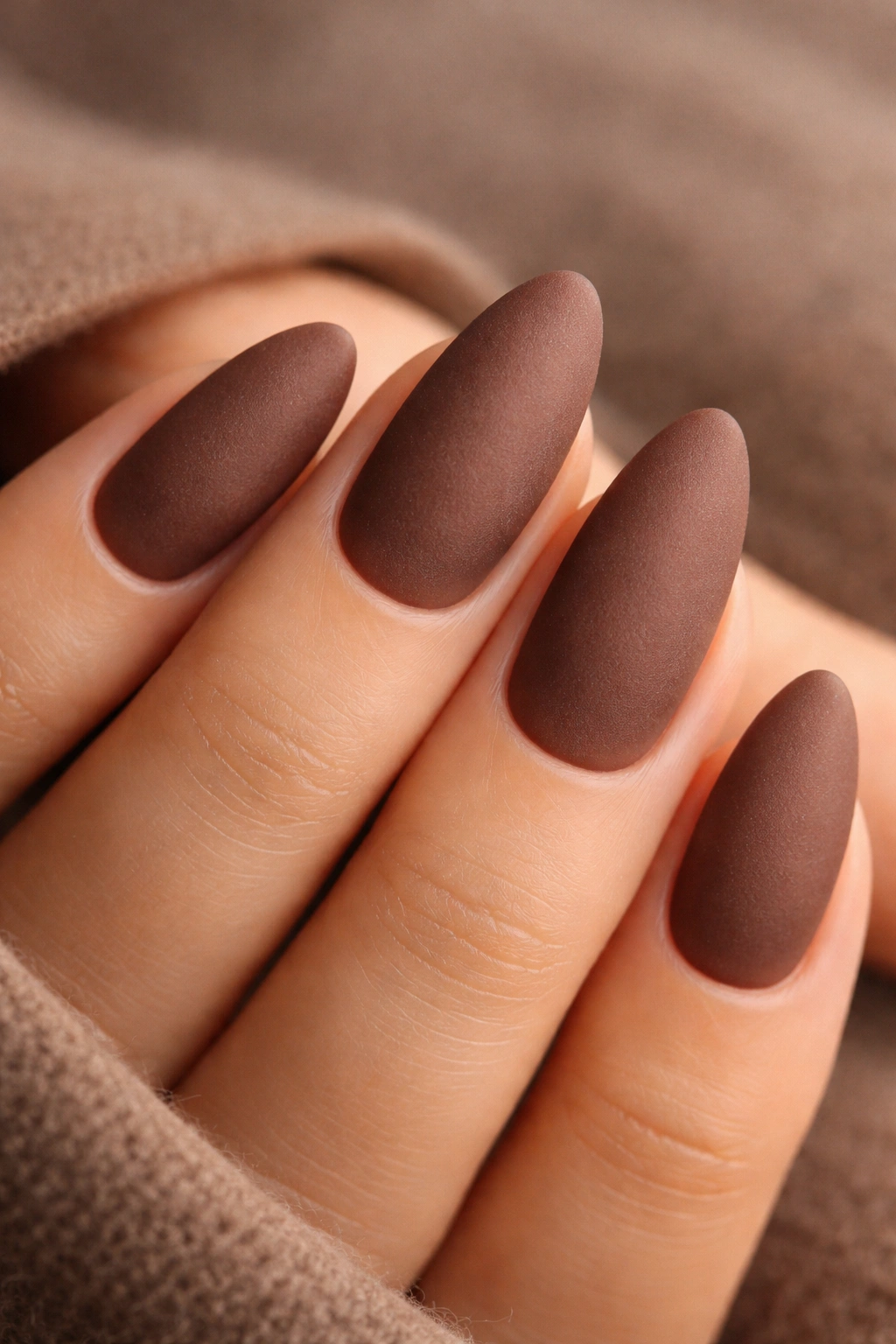 Close-up matte cocoa almond nails on a hand