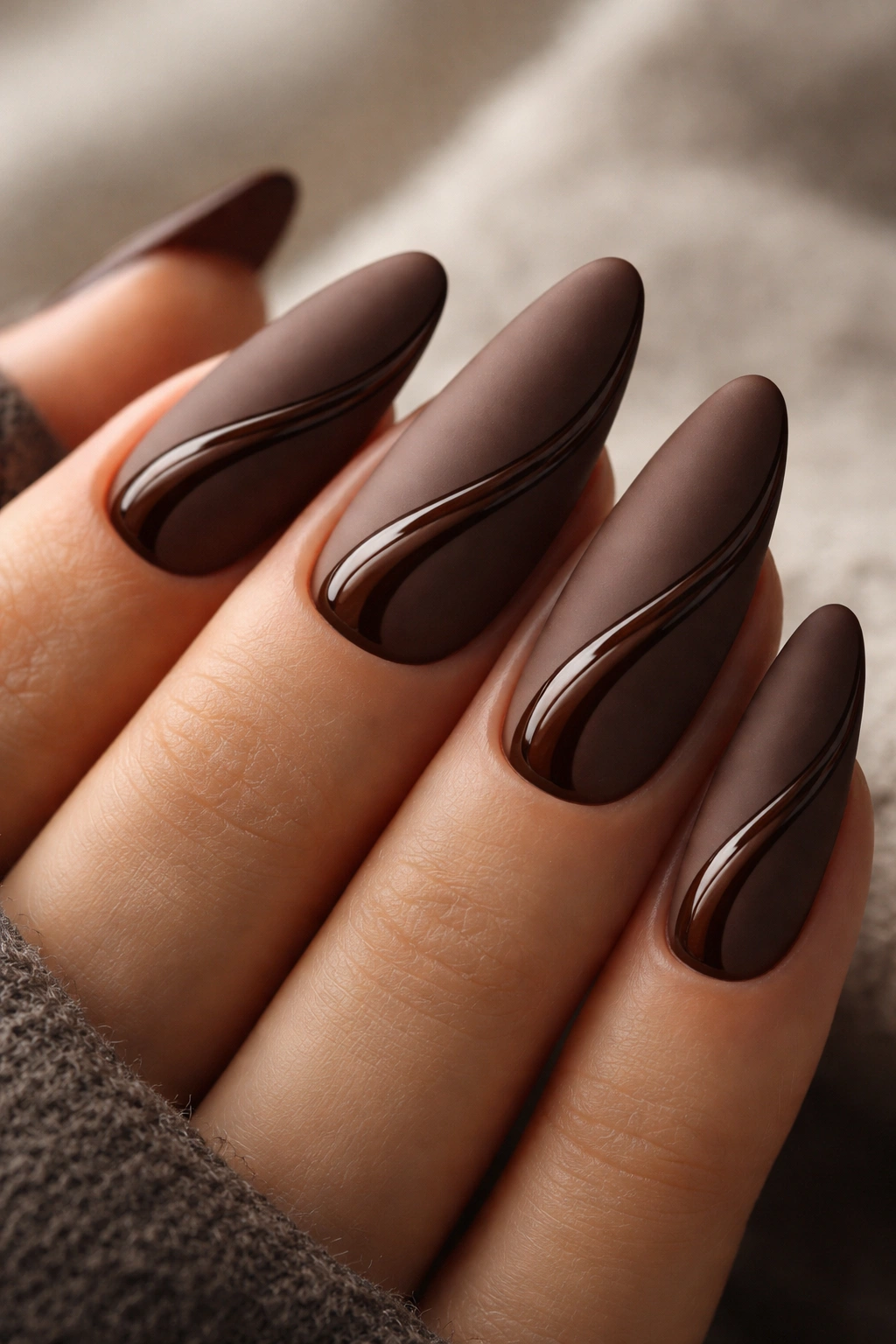 Close-up almond nails with matte cocoa base and slim glossy wave accents