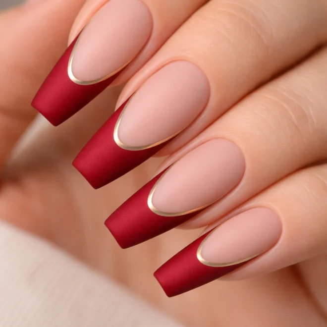 12 Red French Tip Coffin Nails With a Twist