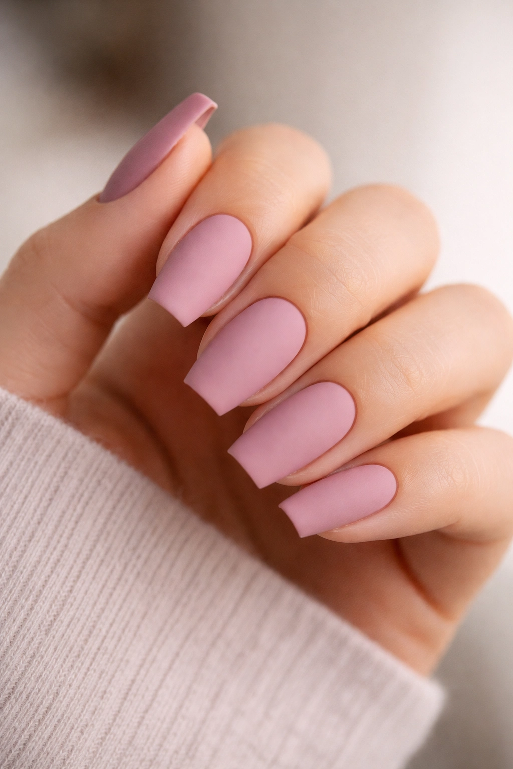 Matte dusty pink coffin nails with cool gray undertones on a hand.