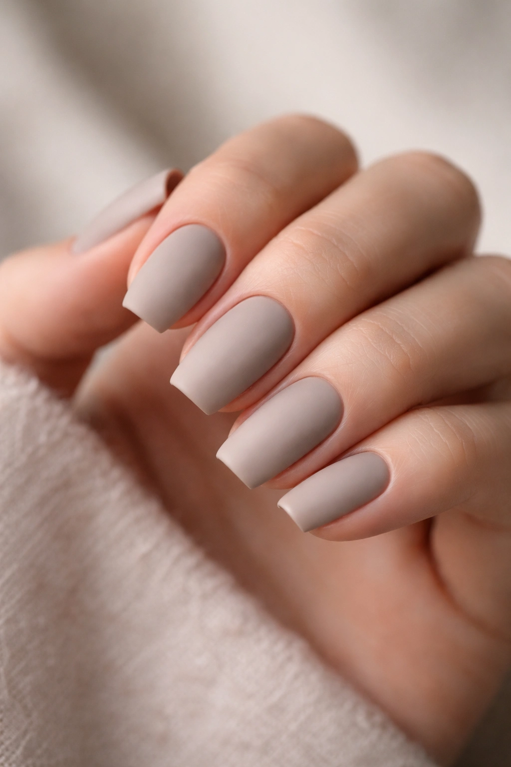 Close-up of matte greige short coffin nails with velvety finish