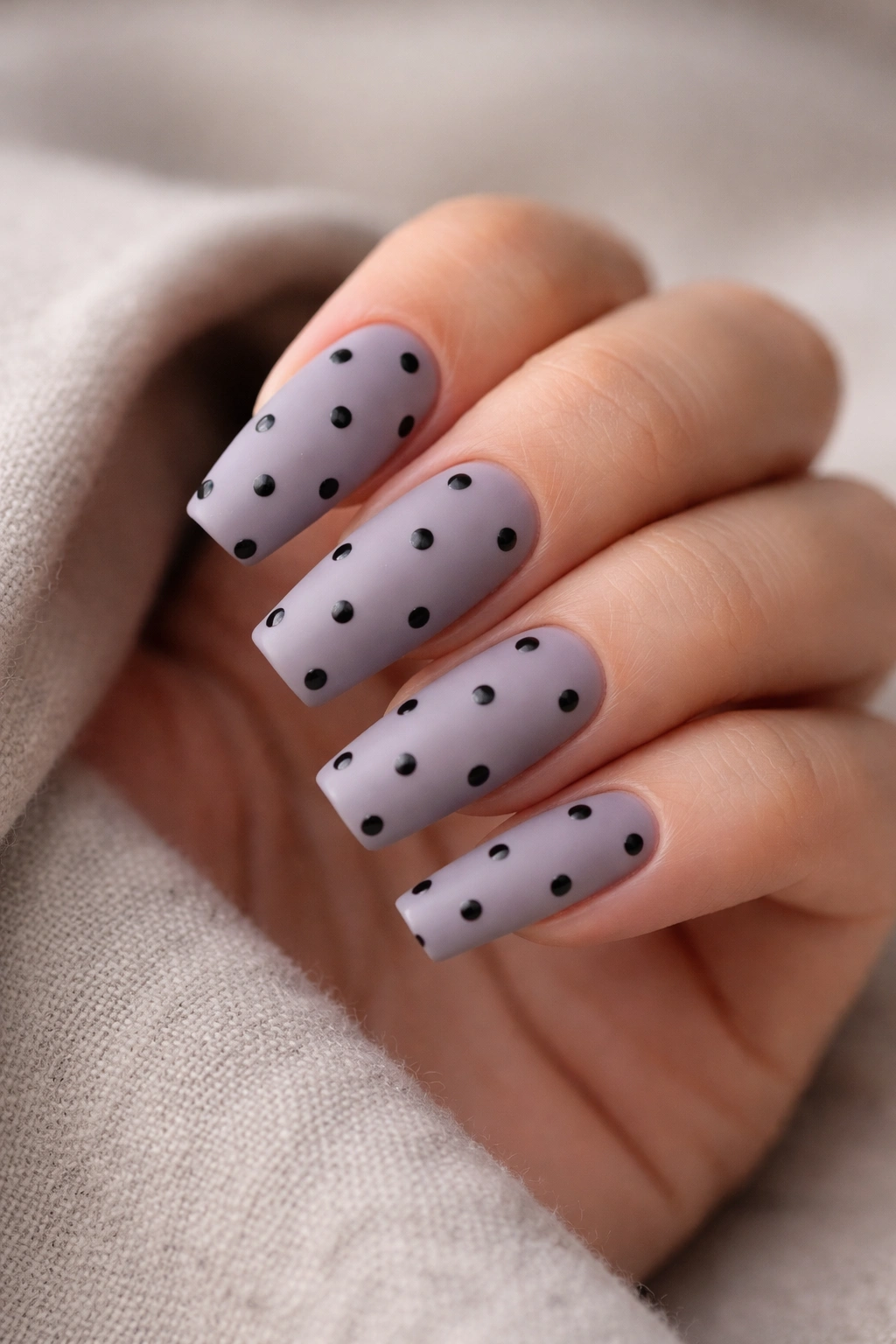 Close-up of coffin nails with a matte lavender base and glossy black dots.