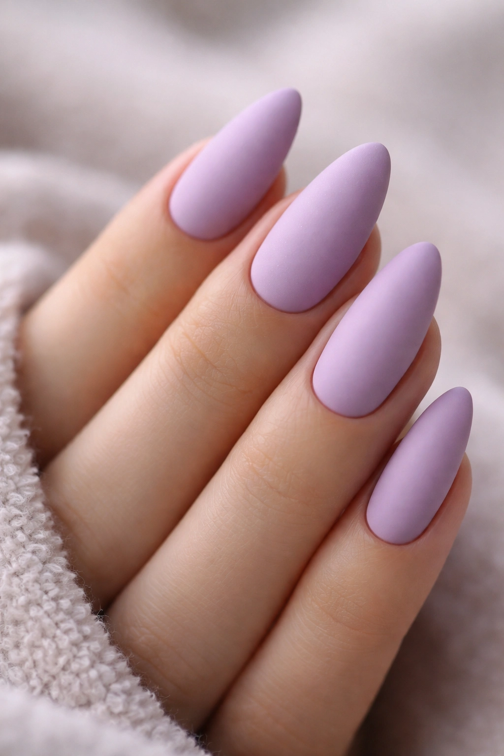 Matte lilac almond nails with velvety texture