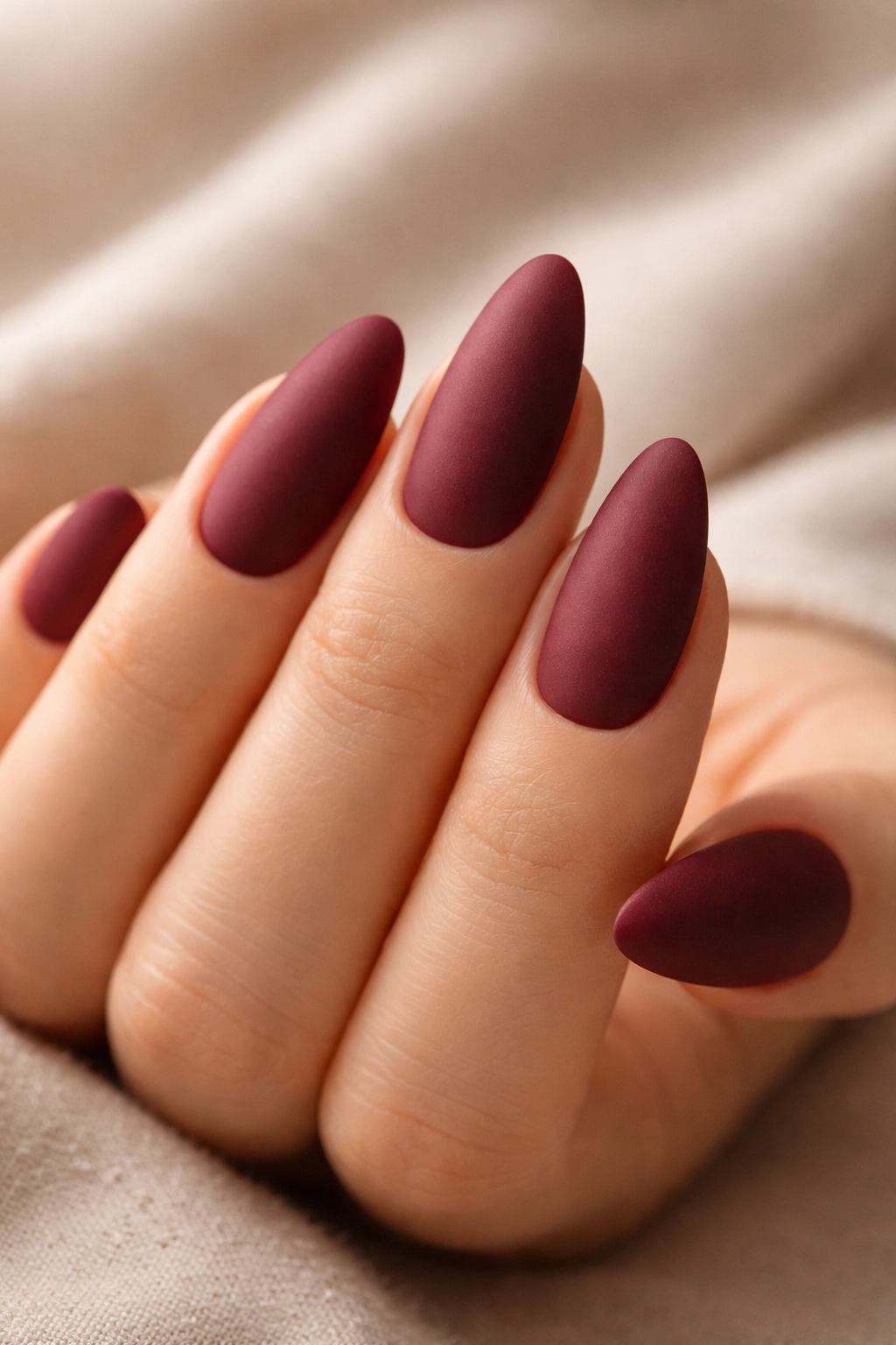 Close-up of almond nails in matte velvet maroon with soft texture.