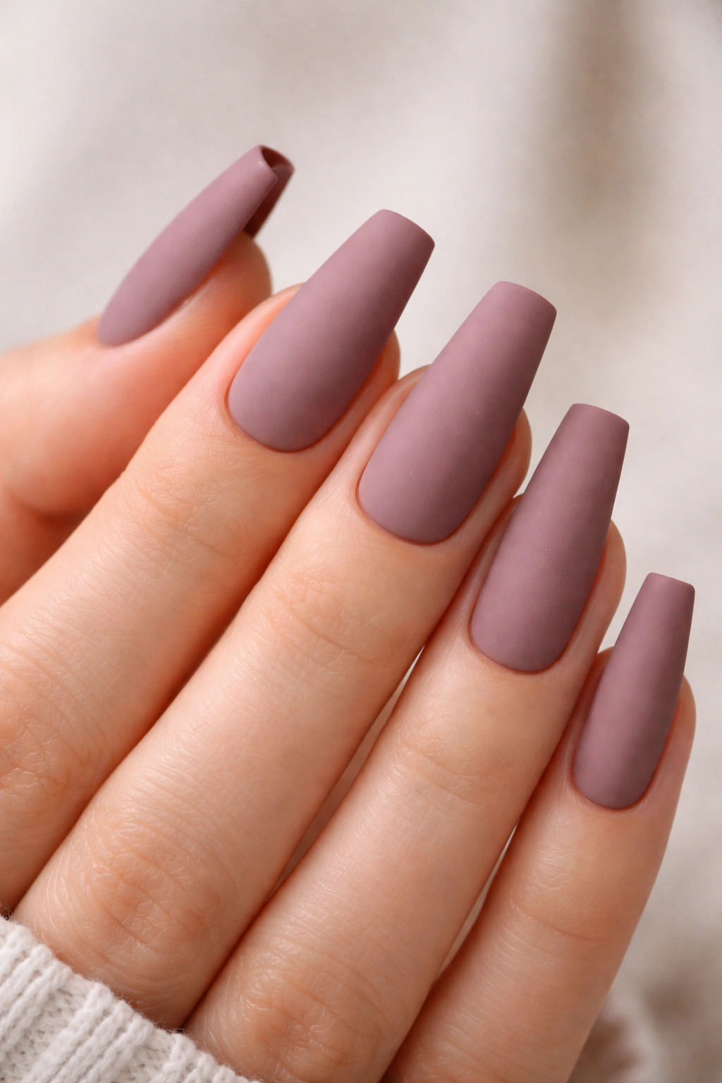 Close-up of matte mauve coffin nails on a hand