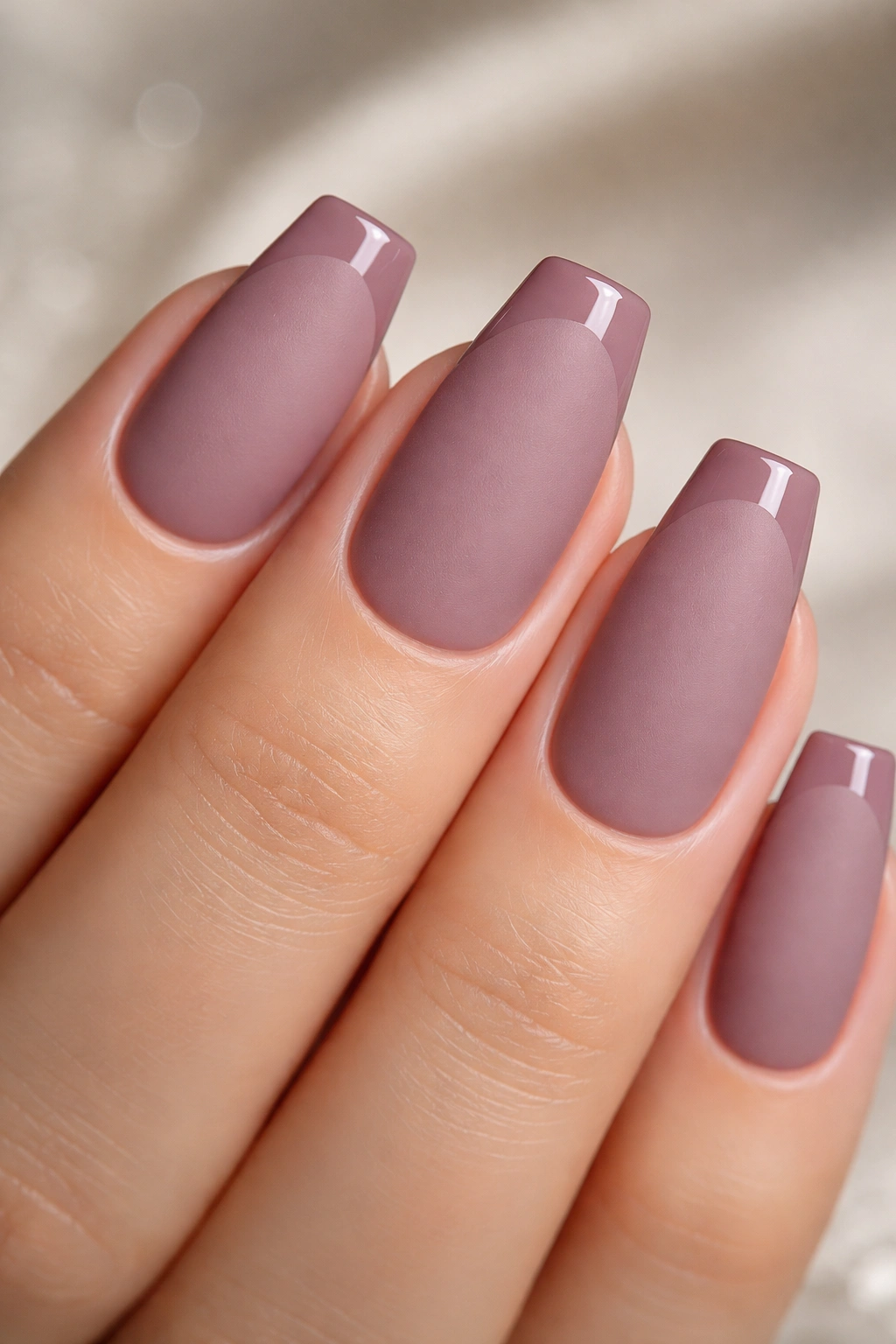 Close-up of a short coffin nail with matte mauve base and glossy mauve tip