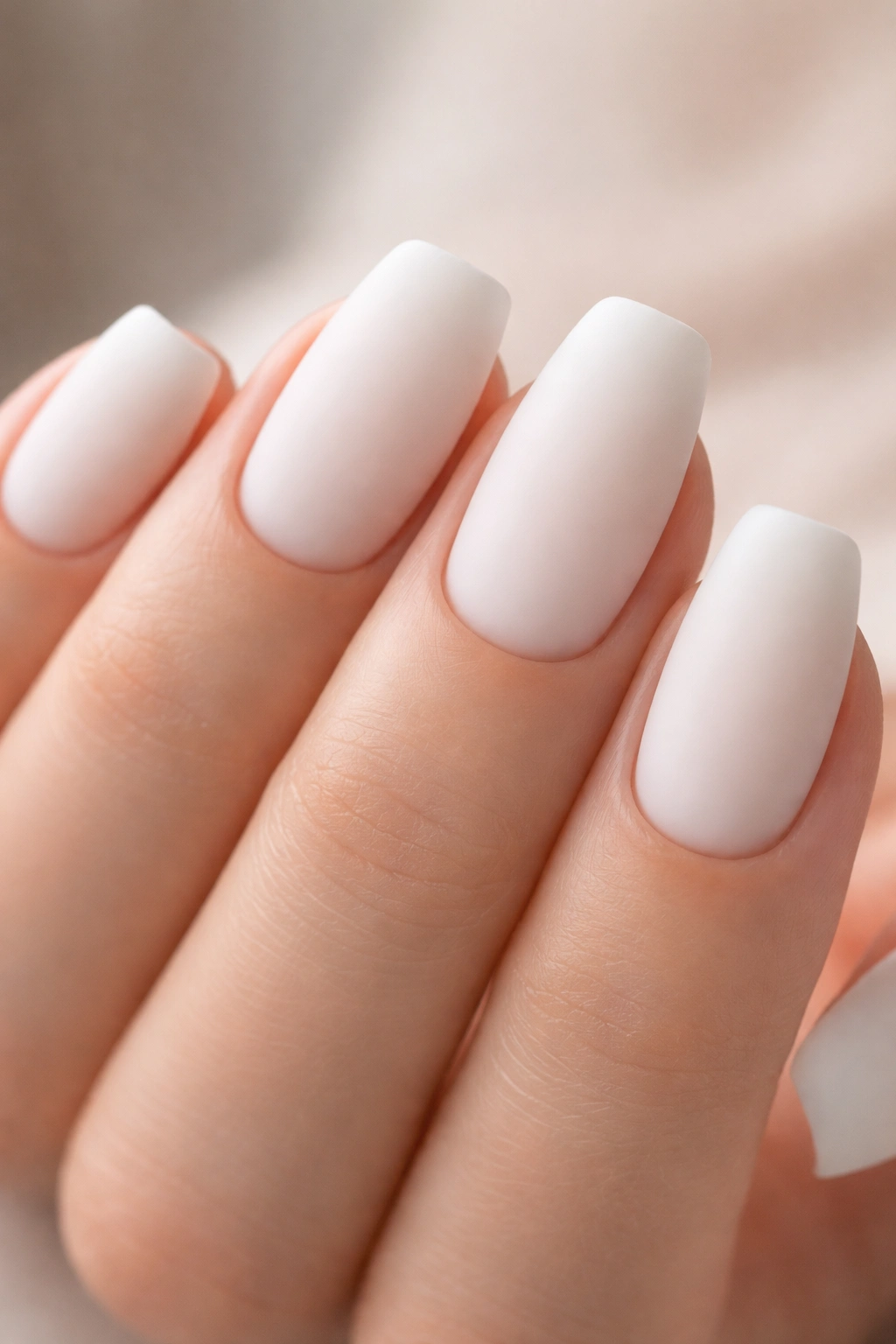 Close-up of matte milky white coffin nails on a hand