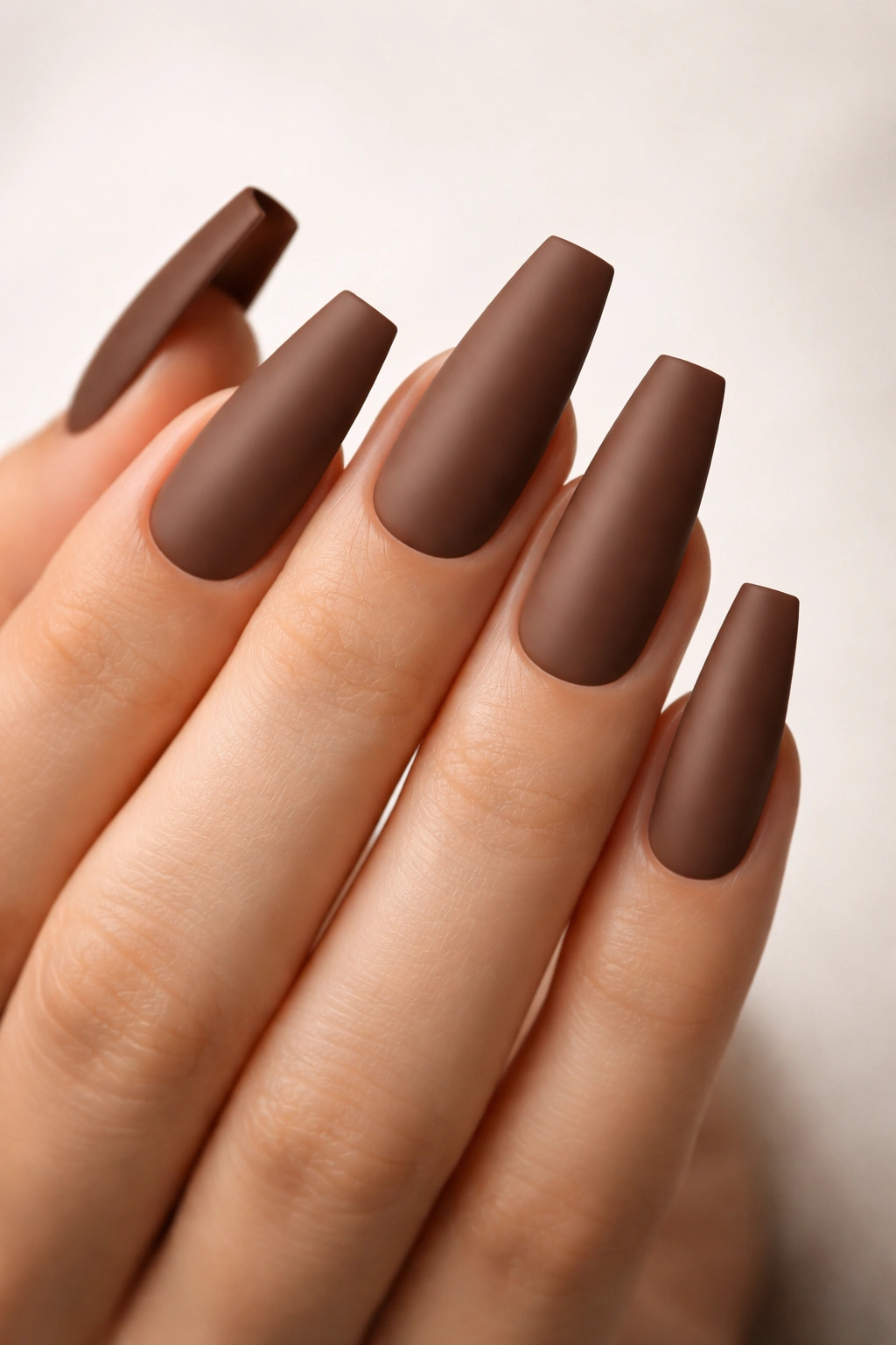 Close-up of matte mocha brown coffin nails on a bare hand with a flat glare-free finish