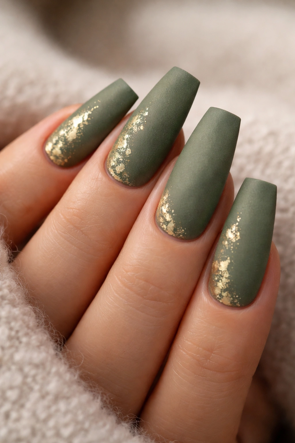 Close-up of matte moss green coffin nails with small gold foil flecks near the cuticle