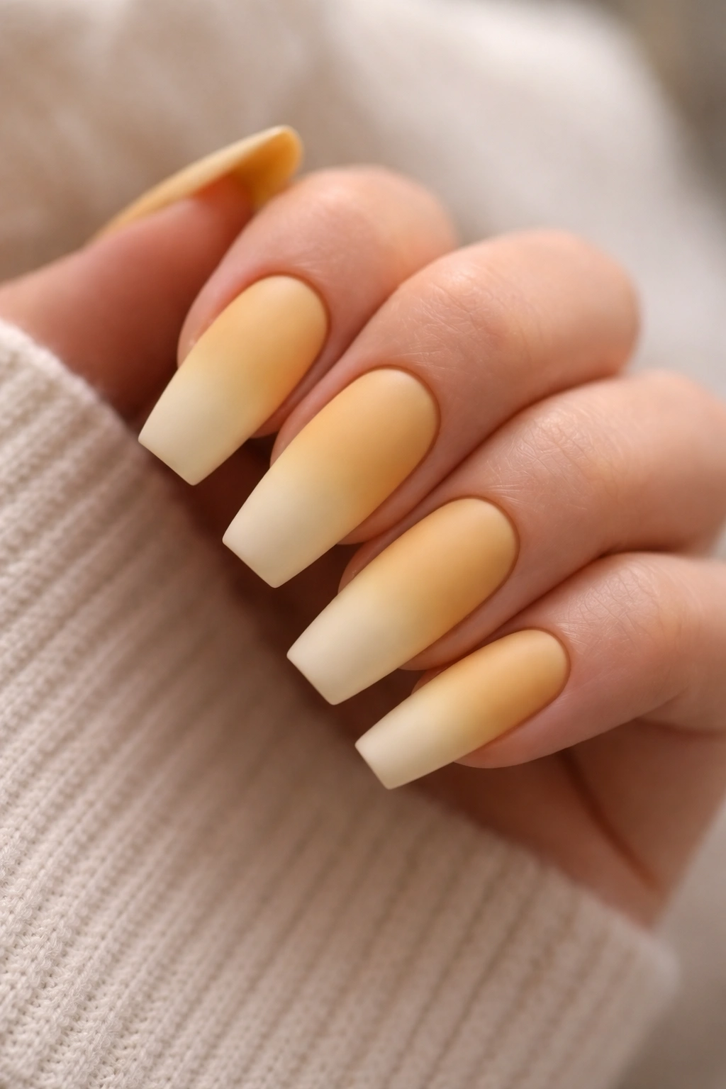 Coffin nails with matte mustard-to-cream ombre on a bare hand