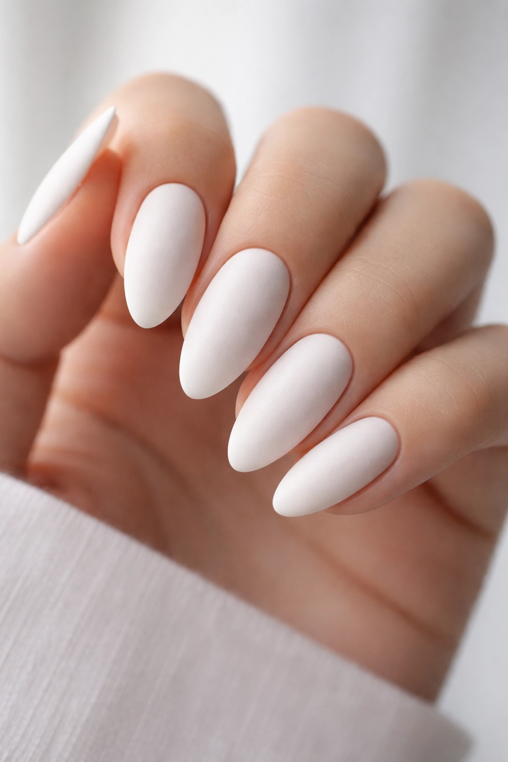 Close-up of almond nails with a matte white powdery finish on a nude base