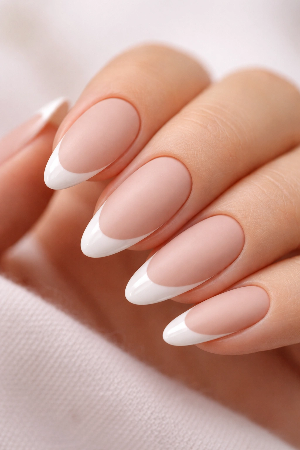 Almond nails with matte nude base and glossy tips