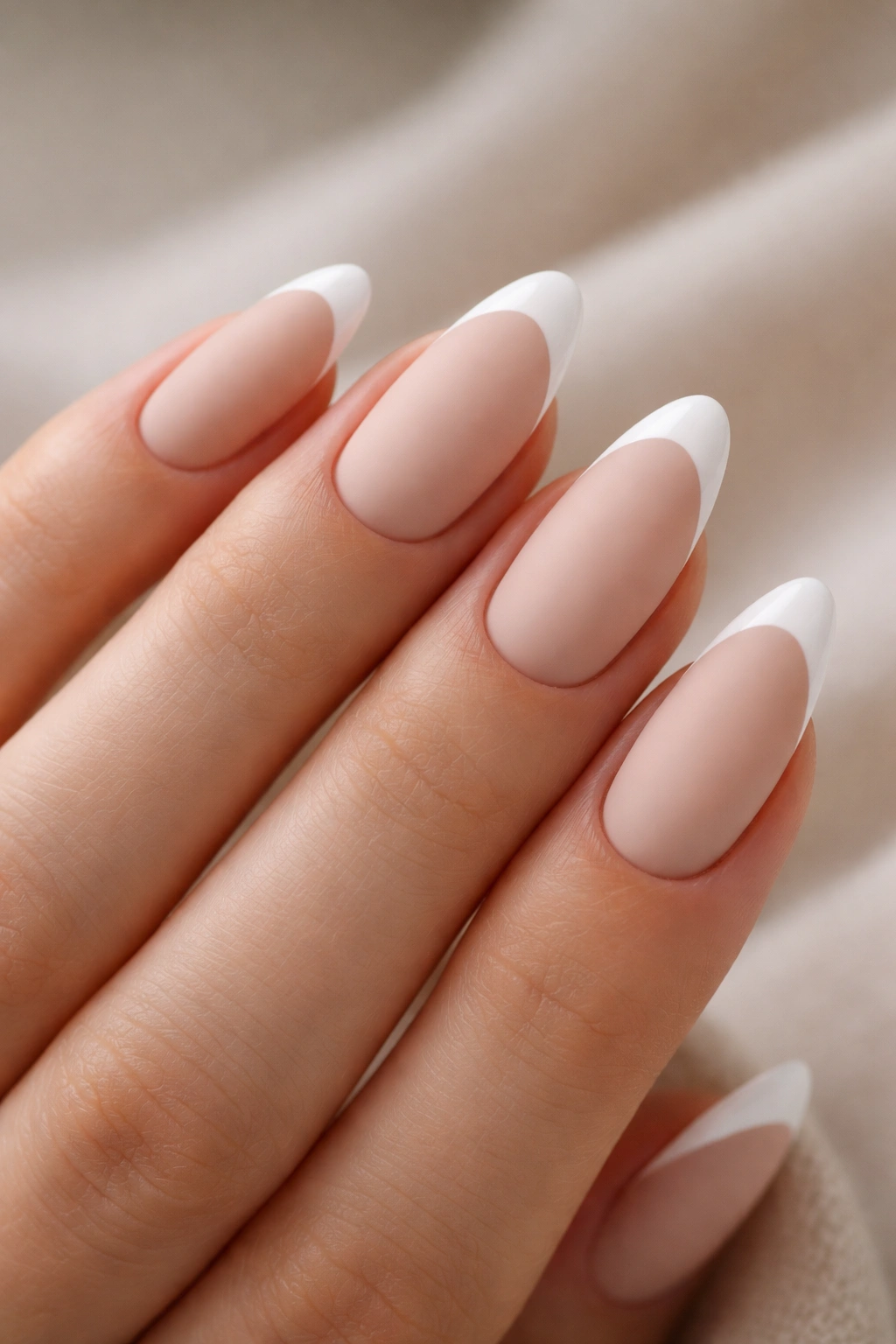 Almond nails with matte nude base and glossy white tip, close-up