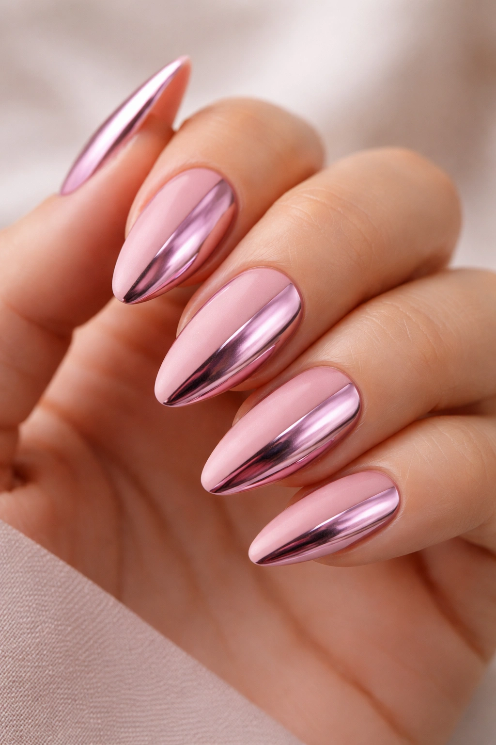 Almond nails with matte pink and chrome pink split finishes