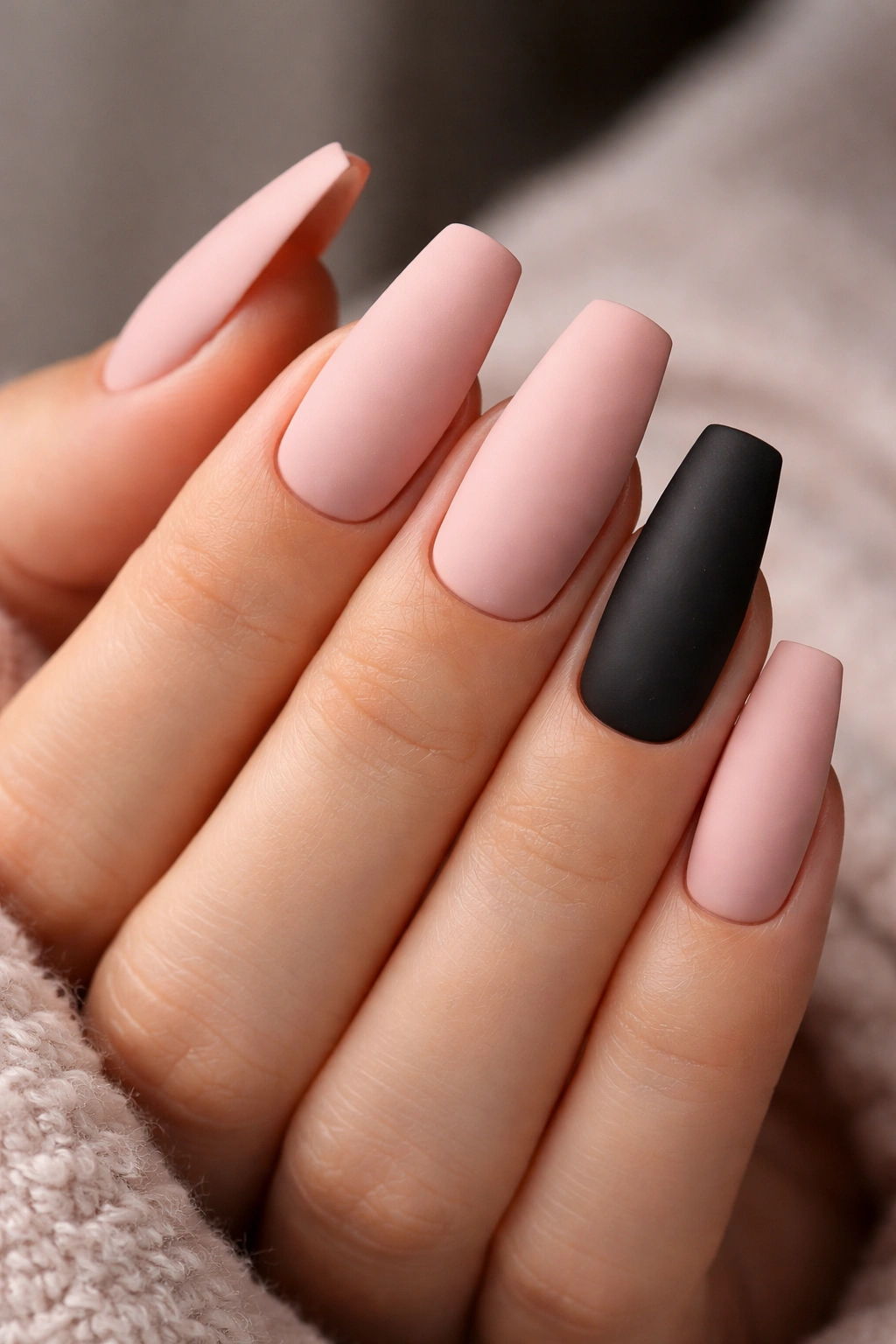 Matte blush pink nails with a single black accent nail