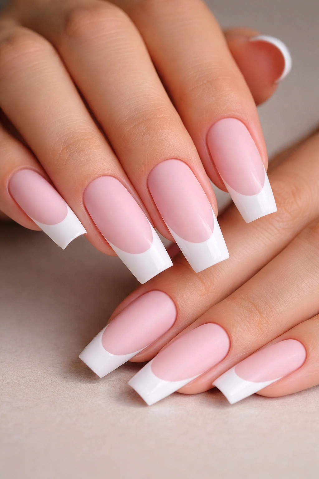 Close-up of coffin nails with matte pink base and glossy white tips