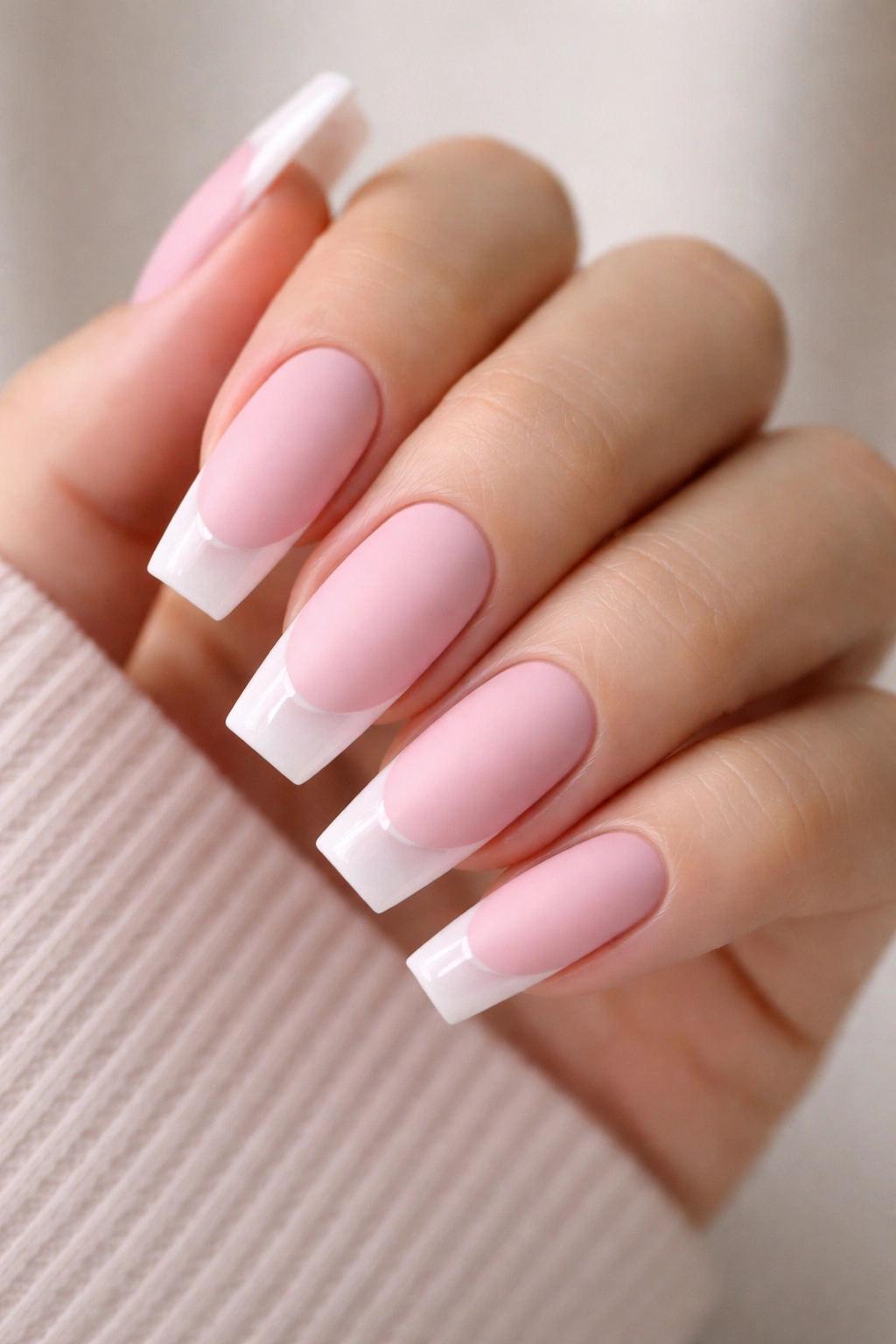 Close-up of coffin nails with matte pink base and glossy white French tips