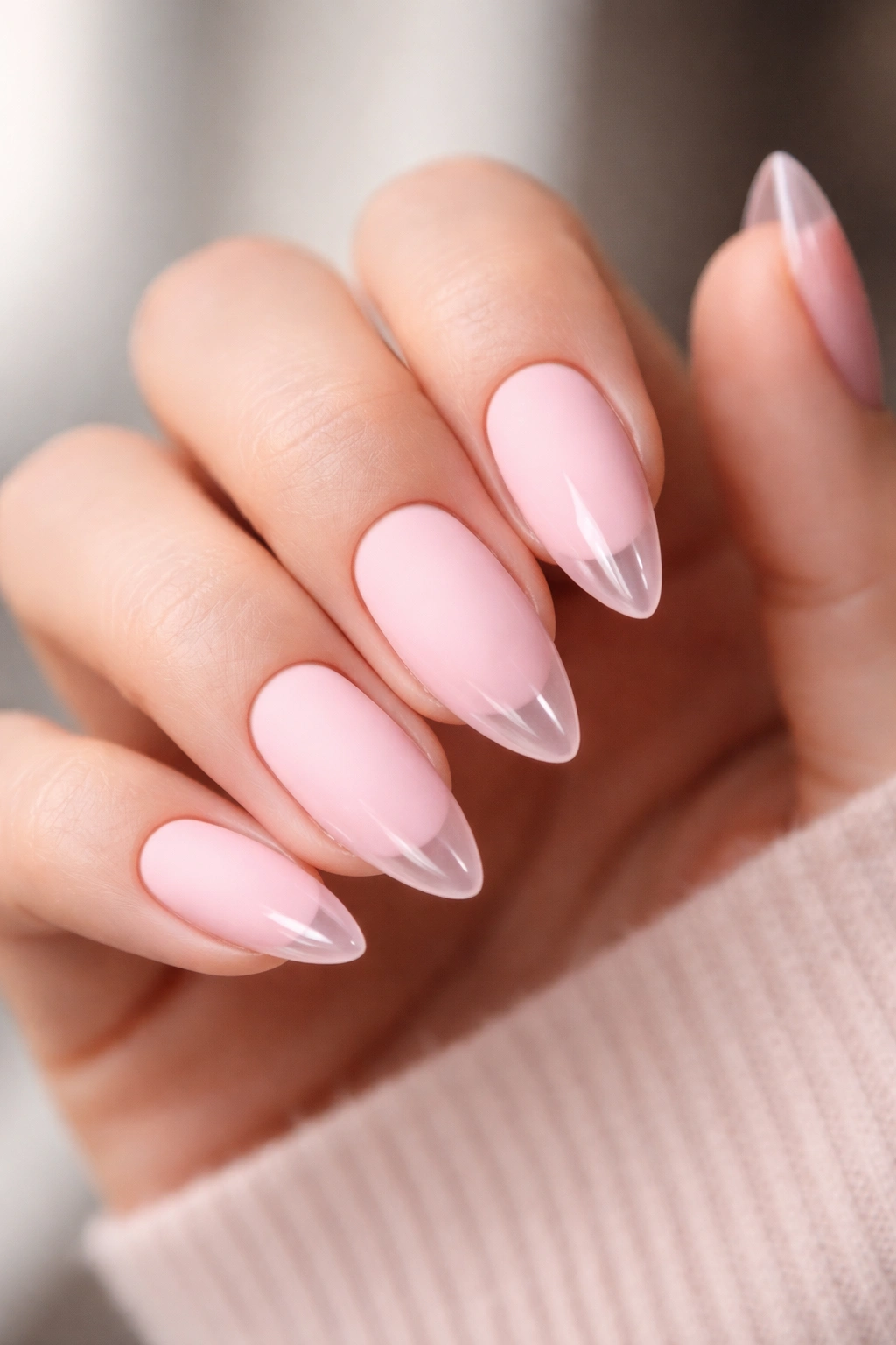 Almond nails with matte pink base and glossy tips