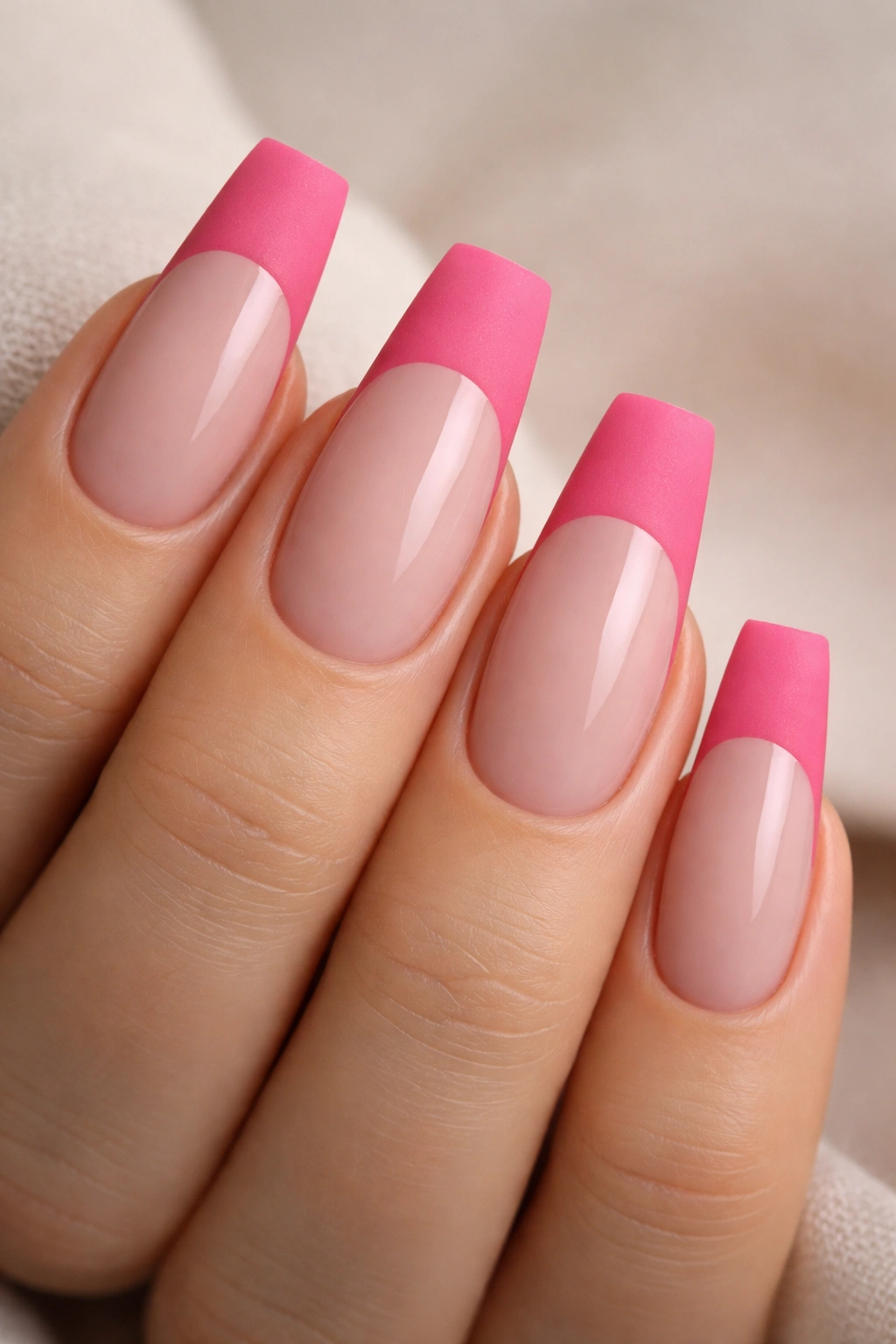 Coffin nails with matte pink tips and glossy nude base