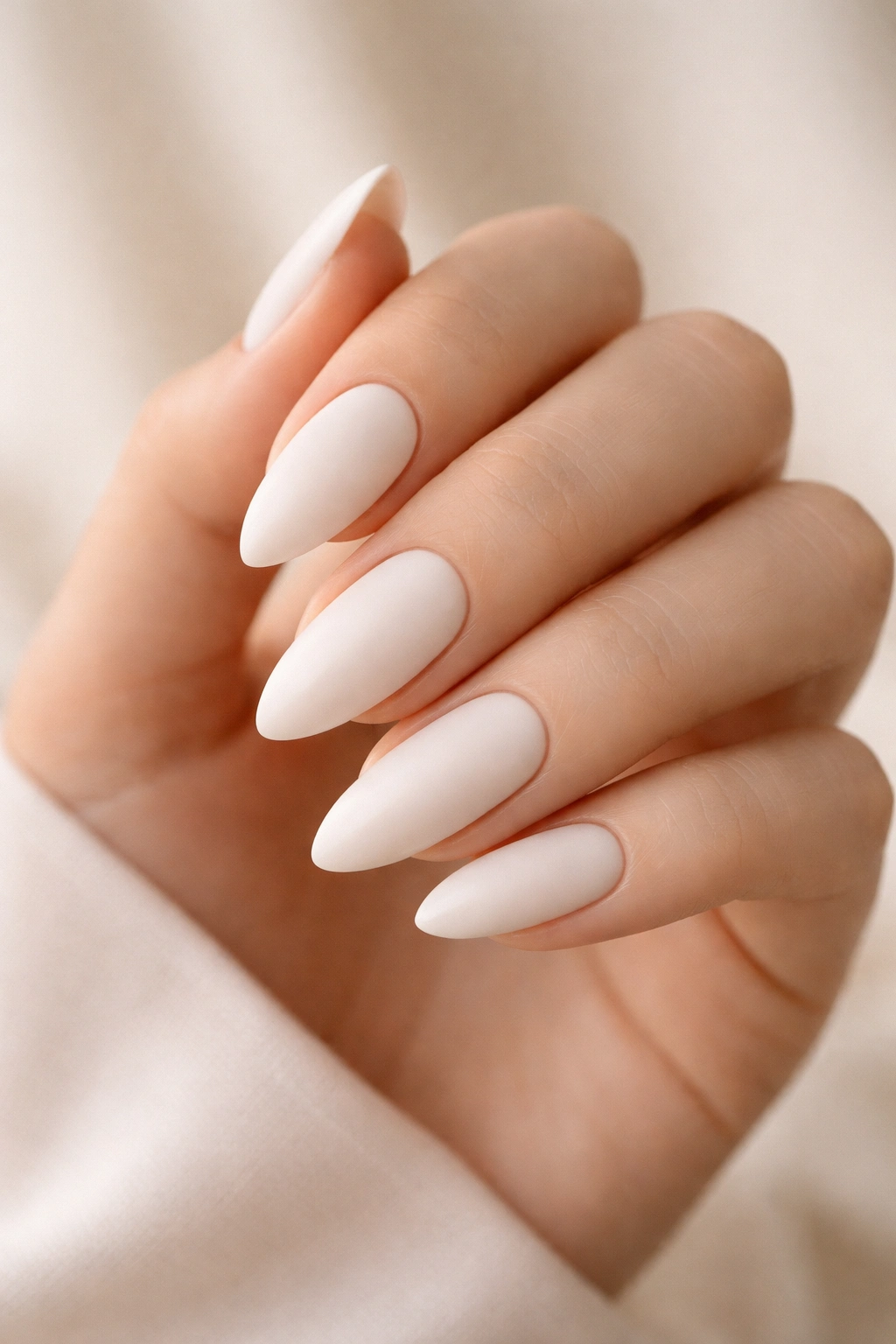 Close-up of matte porcelain almond nails with a creamy white, velvety finish on a natural hand