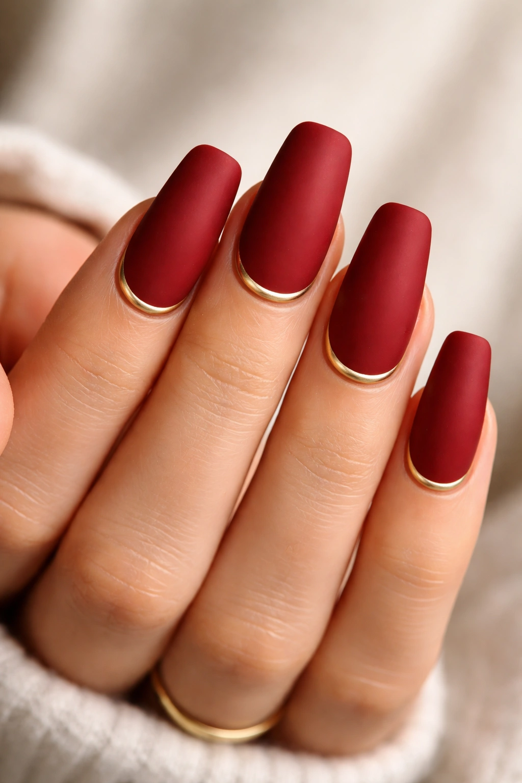 Matte red coffin nails with gold cuticle arcs