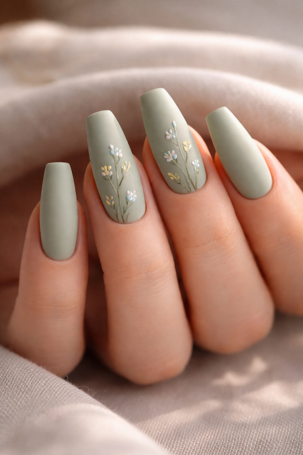 Close-up of matte sage coffin nails with tiny wildflower sprigs and olive-green stems.
