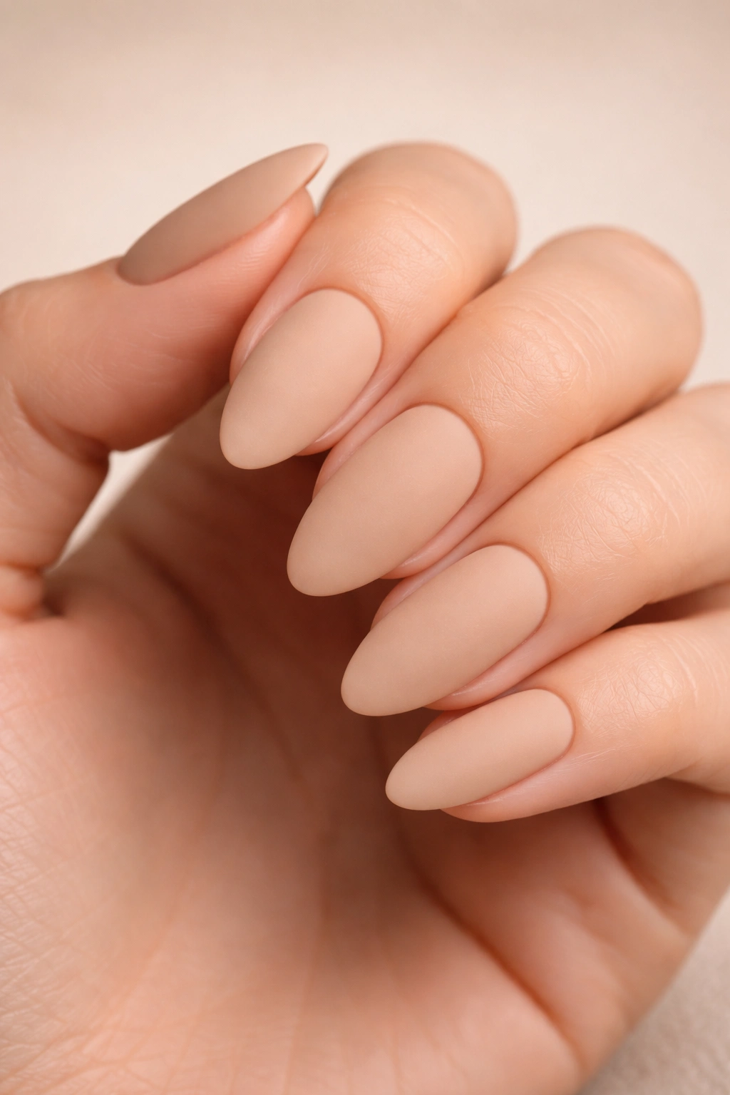 Matte sand nude almond nails; close-up texture