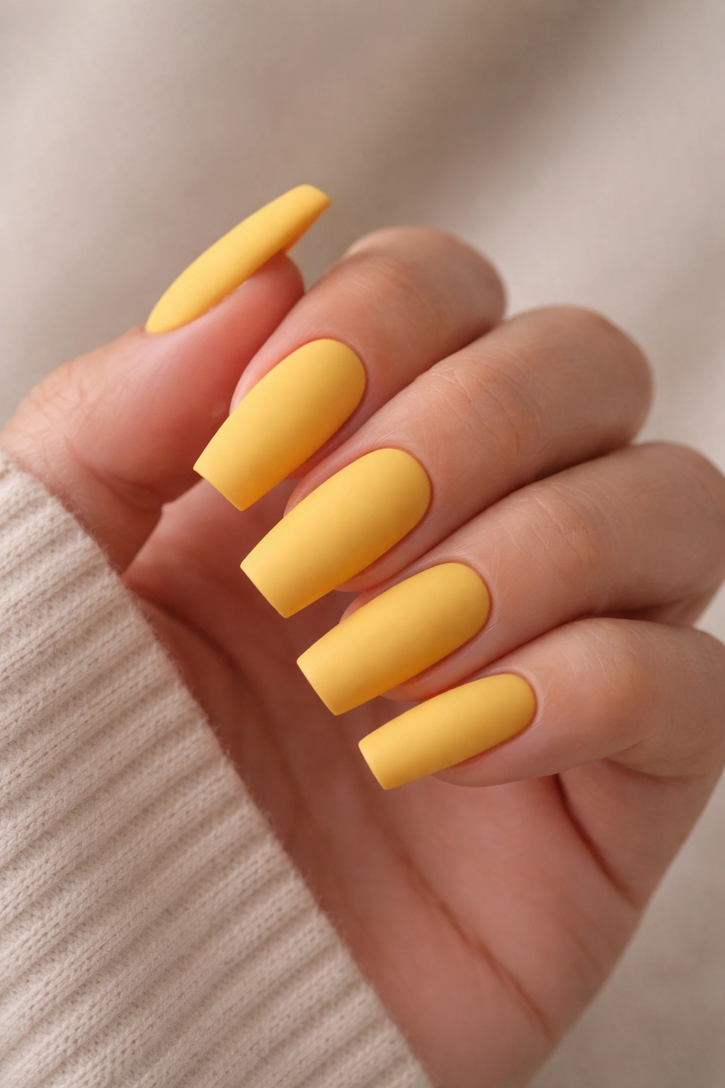 Matte sunflower yellow coffin nails on medium-length nails