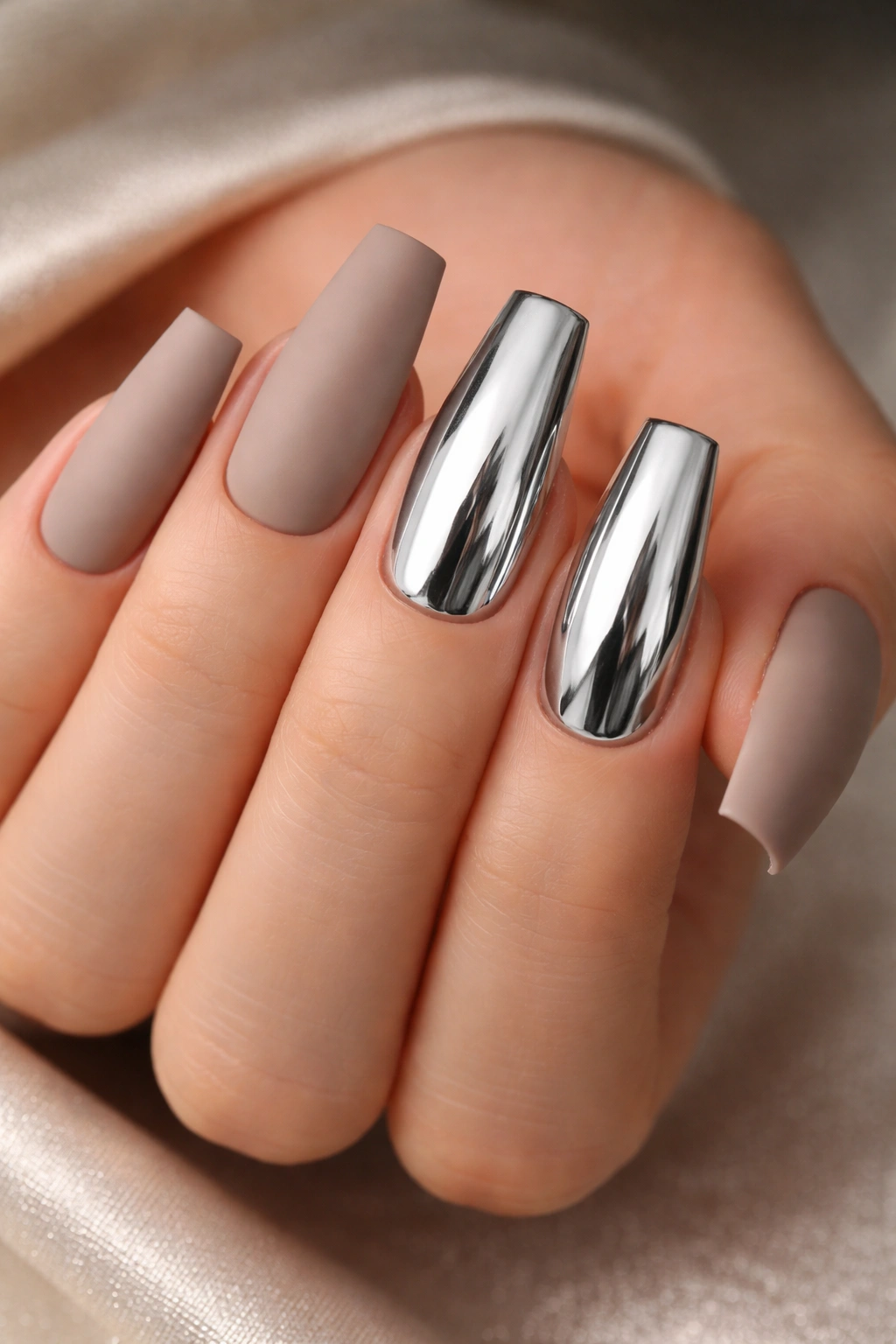 Close-up of coffin nails with matte taupe and silver chrome finishes