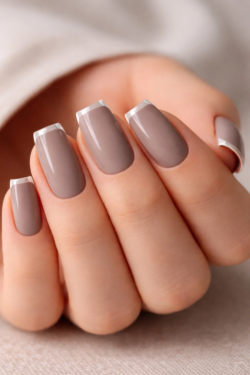 Close-up of matte taupe coffin nails with thin glossy French tips