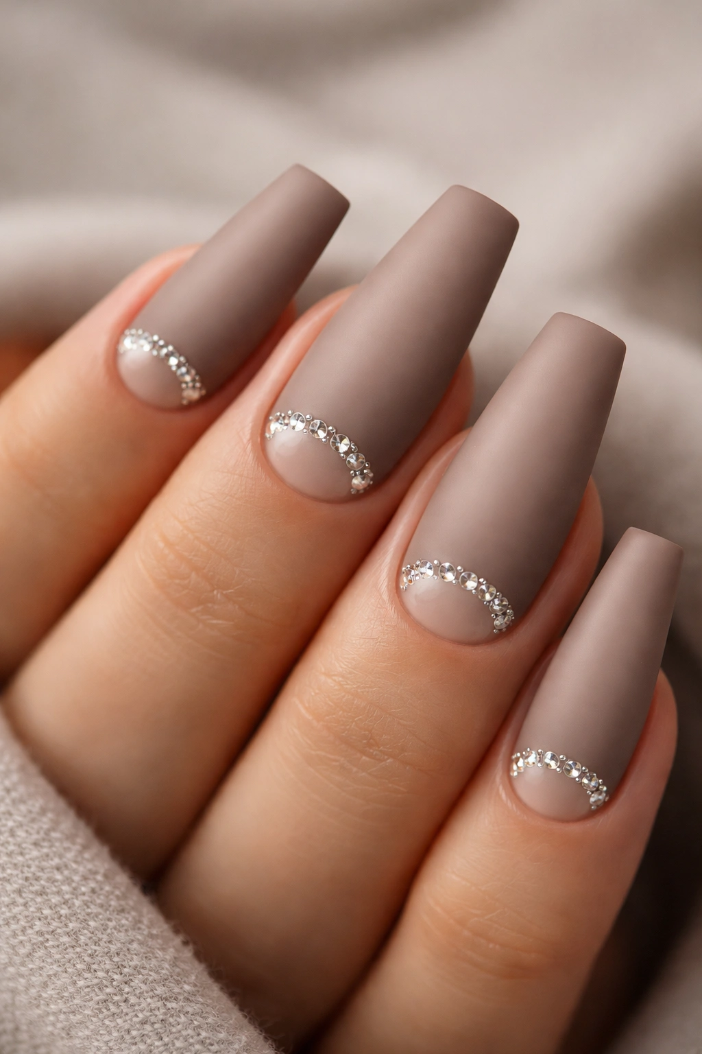 Close-up of matte taupe coffin nails featuring a glossy gem half-moon at the cuticle and crystal accents.