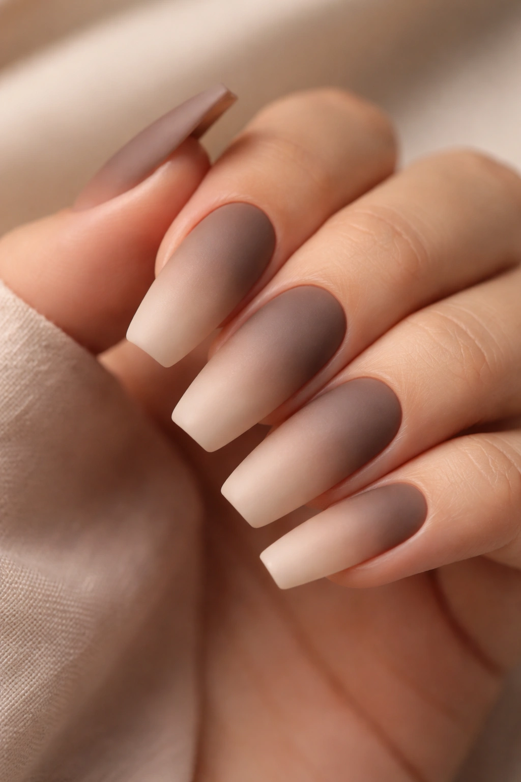Close-up of coffin nails with matte taupe gradient on a hand, velvet-soft finish