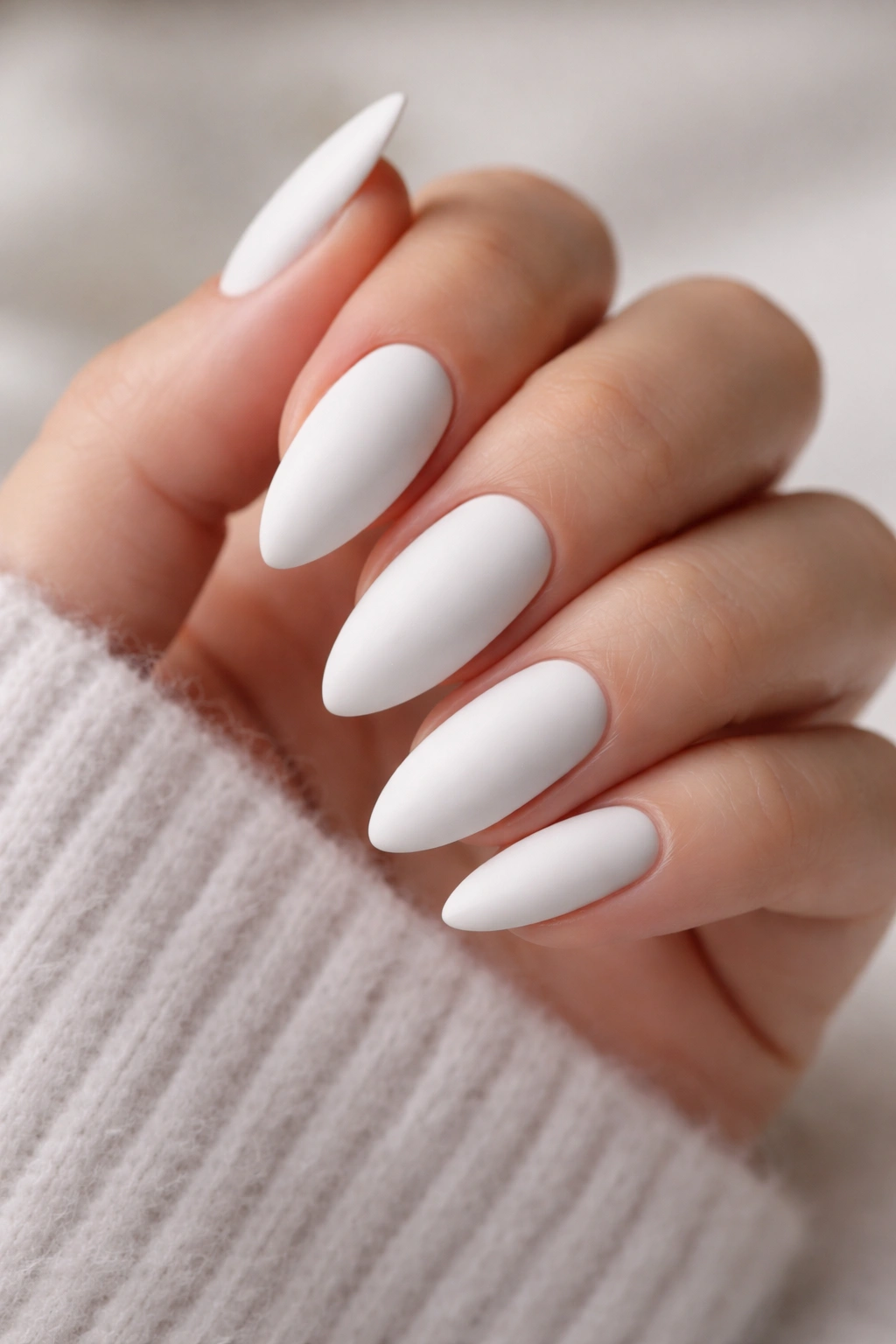 Almond nails in matte chalk white with smooth, even surface