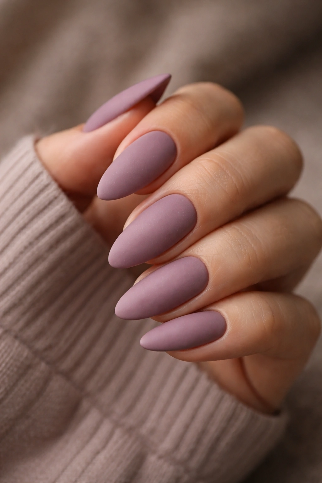 Matte mauve almond nails showing texture.