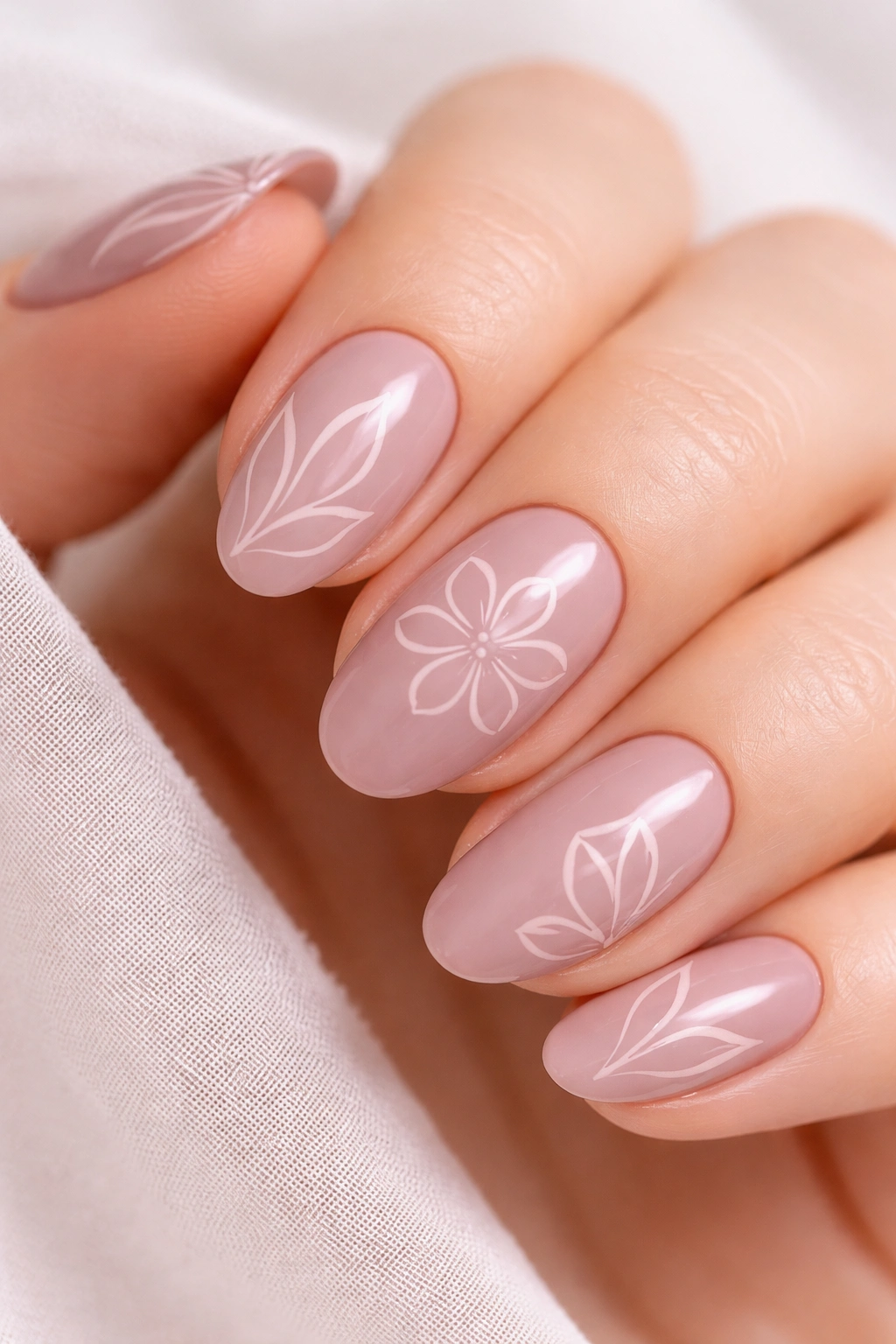 Mauve nails with white outline petals